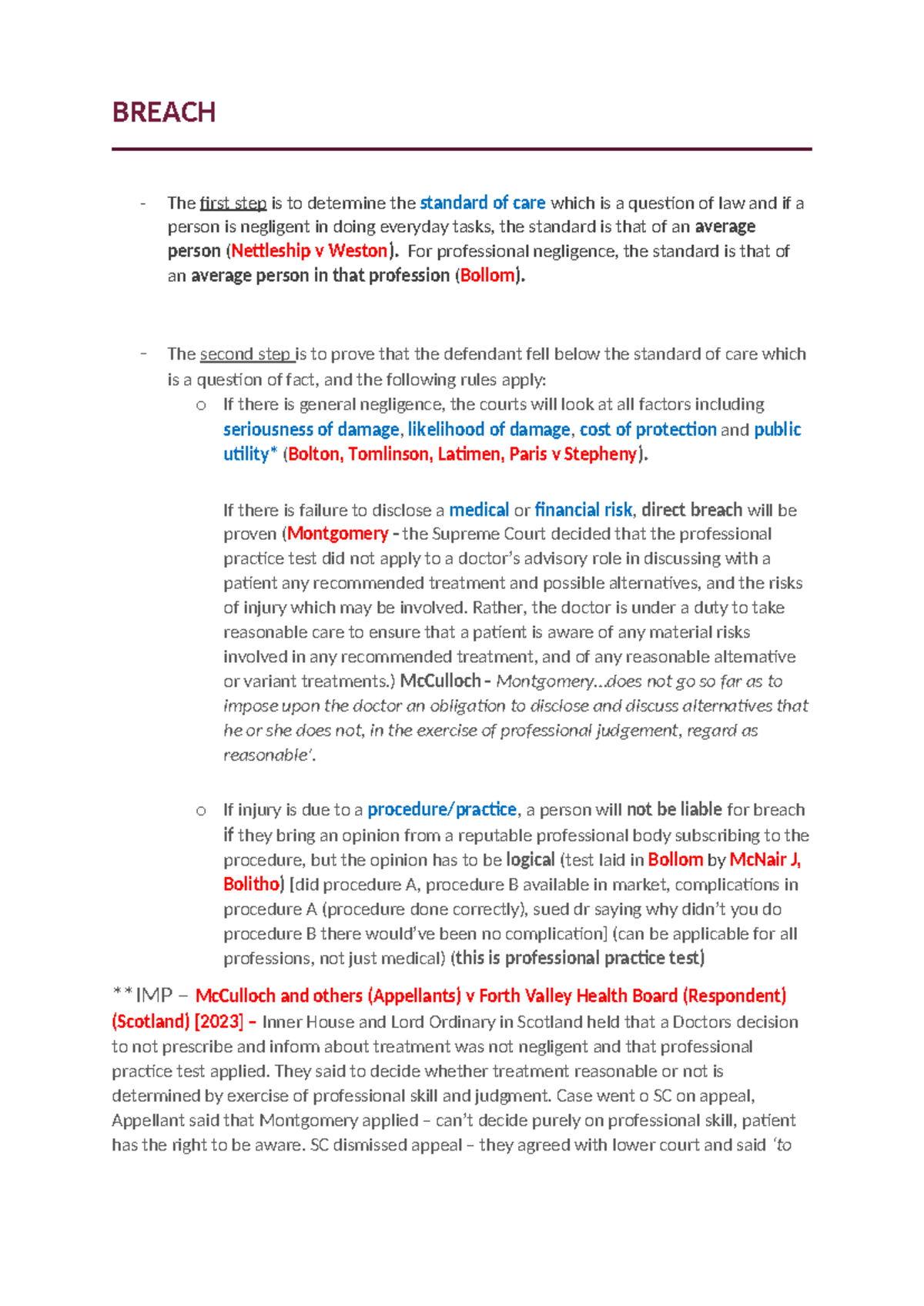 Breach - BREACH The first step is to determine the standard of care ...