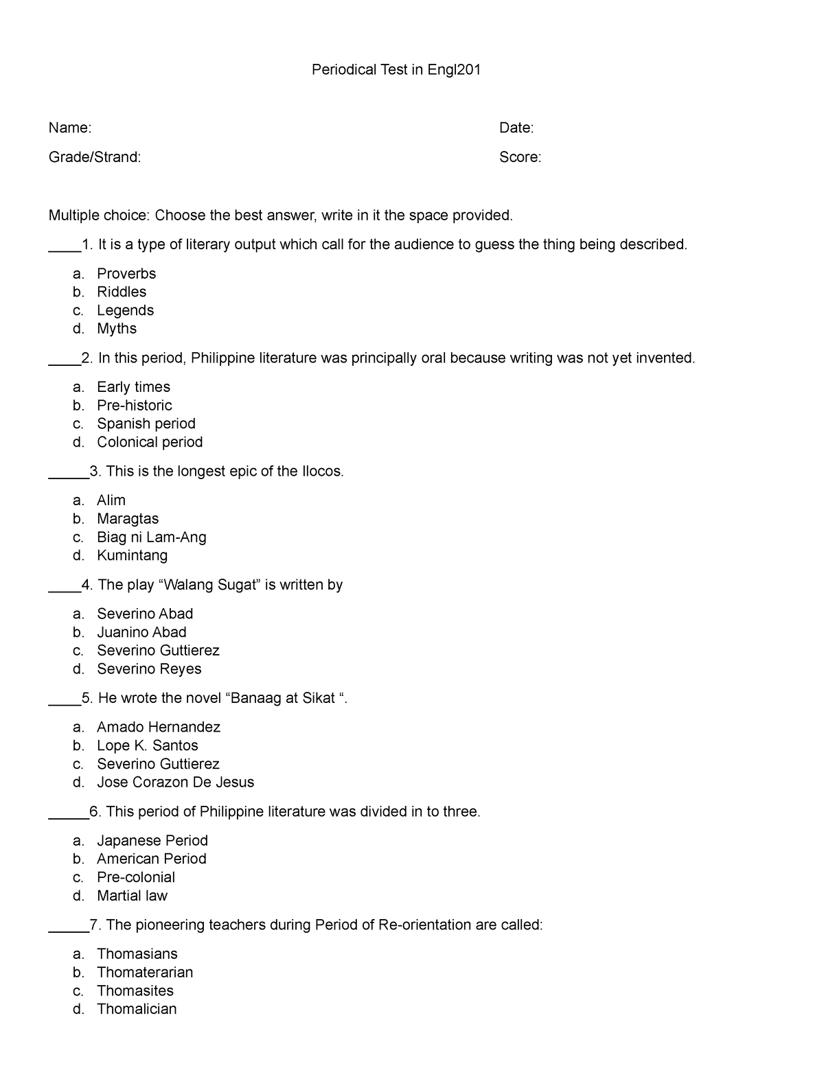 Studoc - A sample periodical test - Periodical Test in Engl Name: Date ...