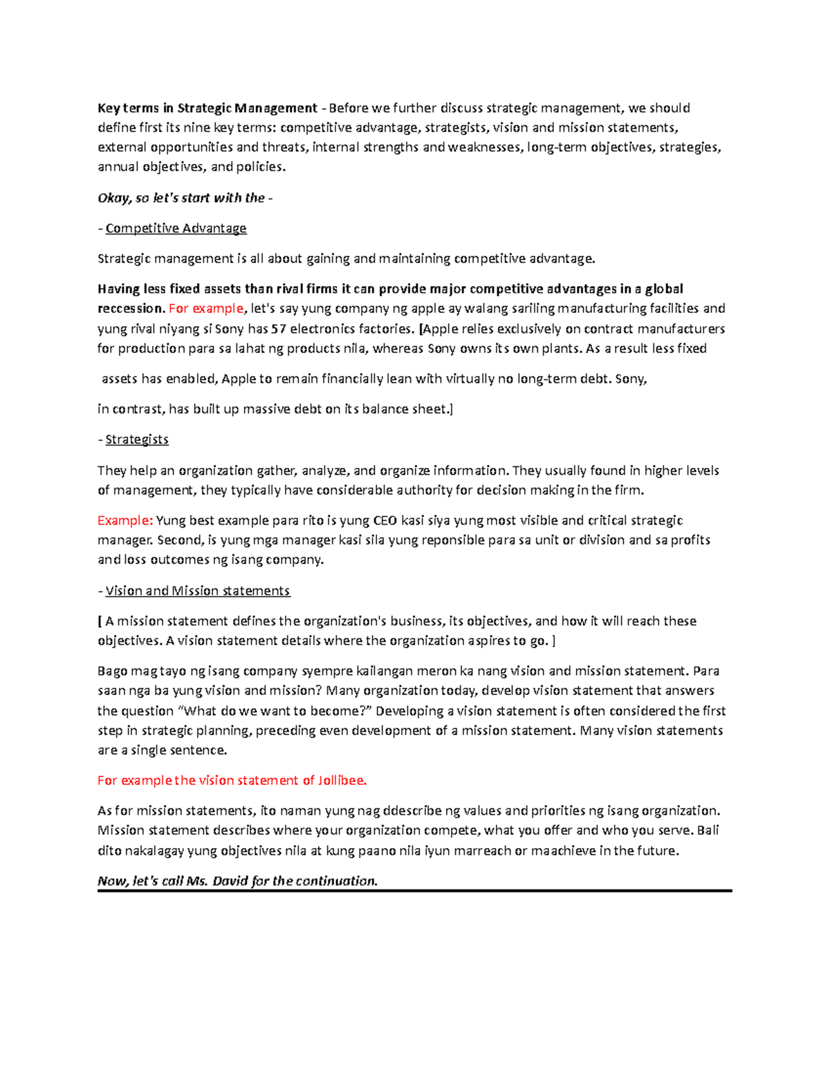 Script - Key terms in Strategic Management - Before we further discuss ...