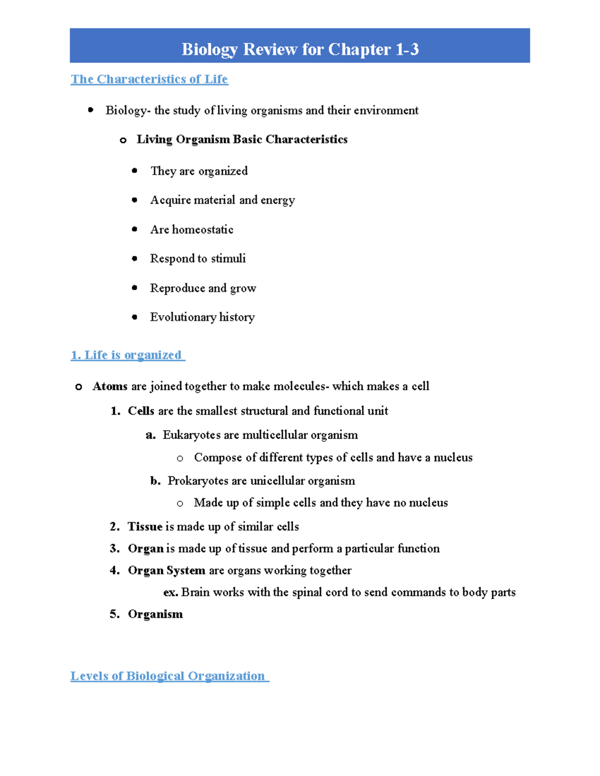Biology Review for Chapter 1-3 - The Characteristics of Life Biology ...