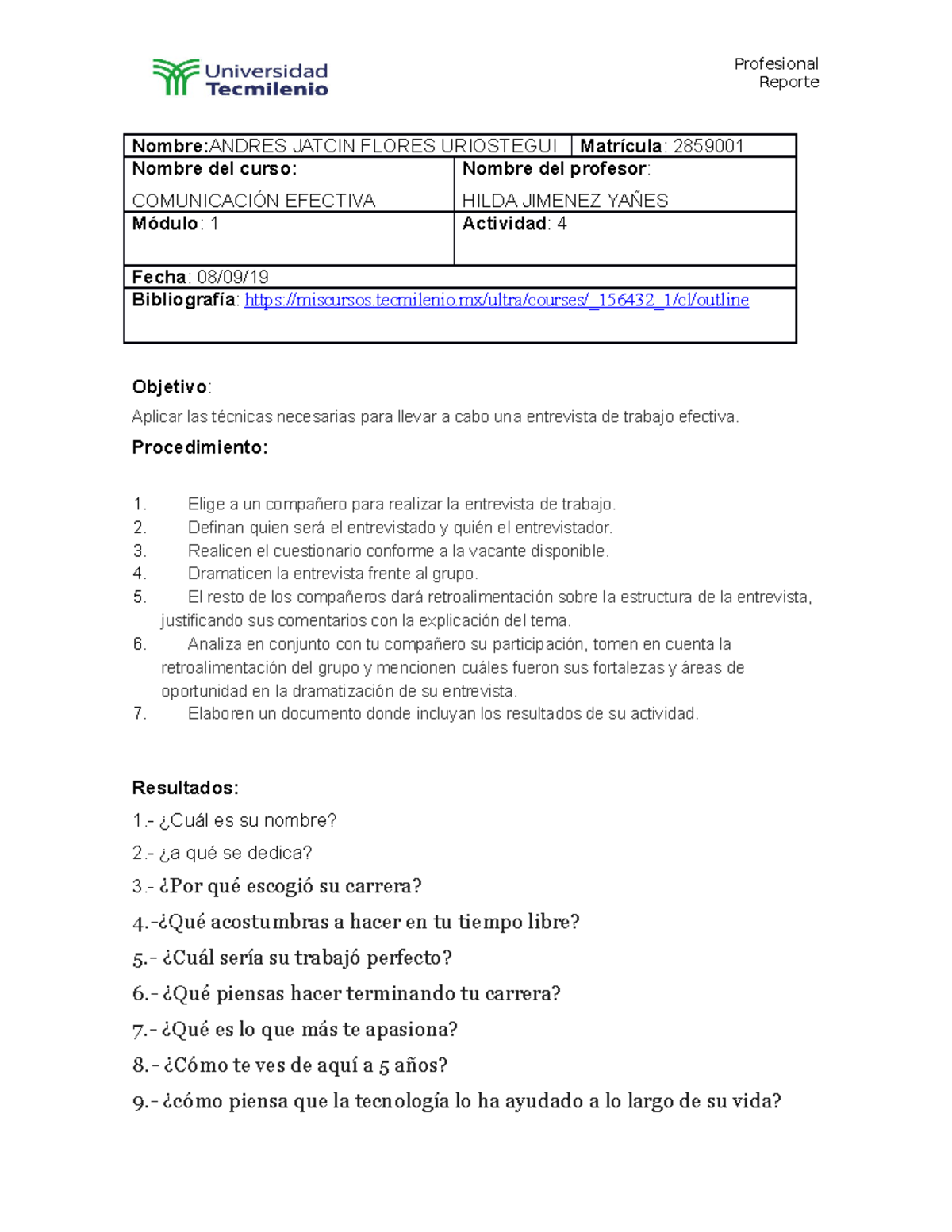 Actividad 4 comunicacion efectiva - Profesional Reporte Nombre: ANDRES ...