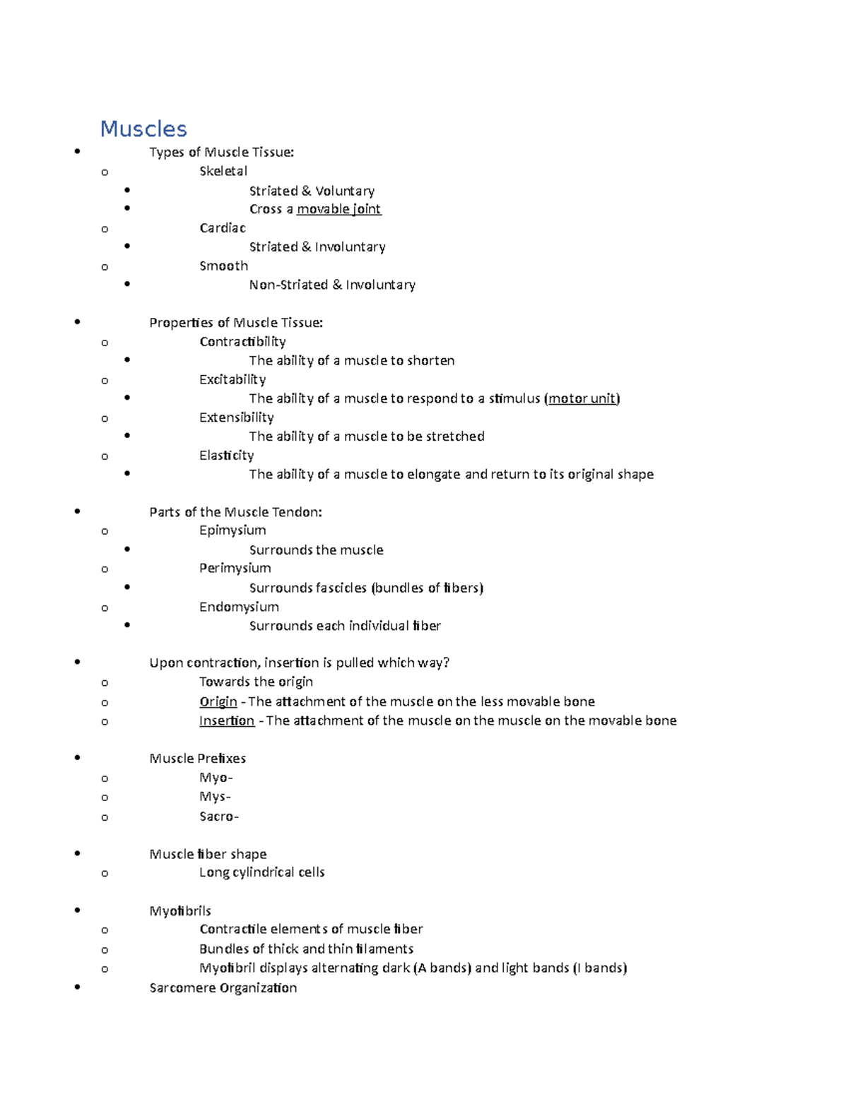 Muscles - Lecture notes 10 - Muscles Types of Muscle Tissue: o Skeletal ...