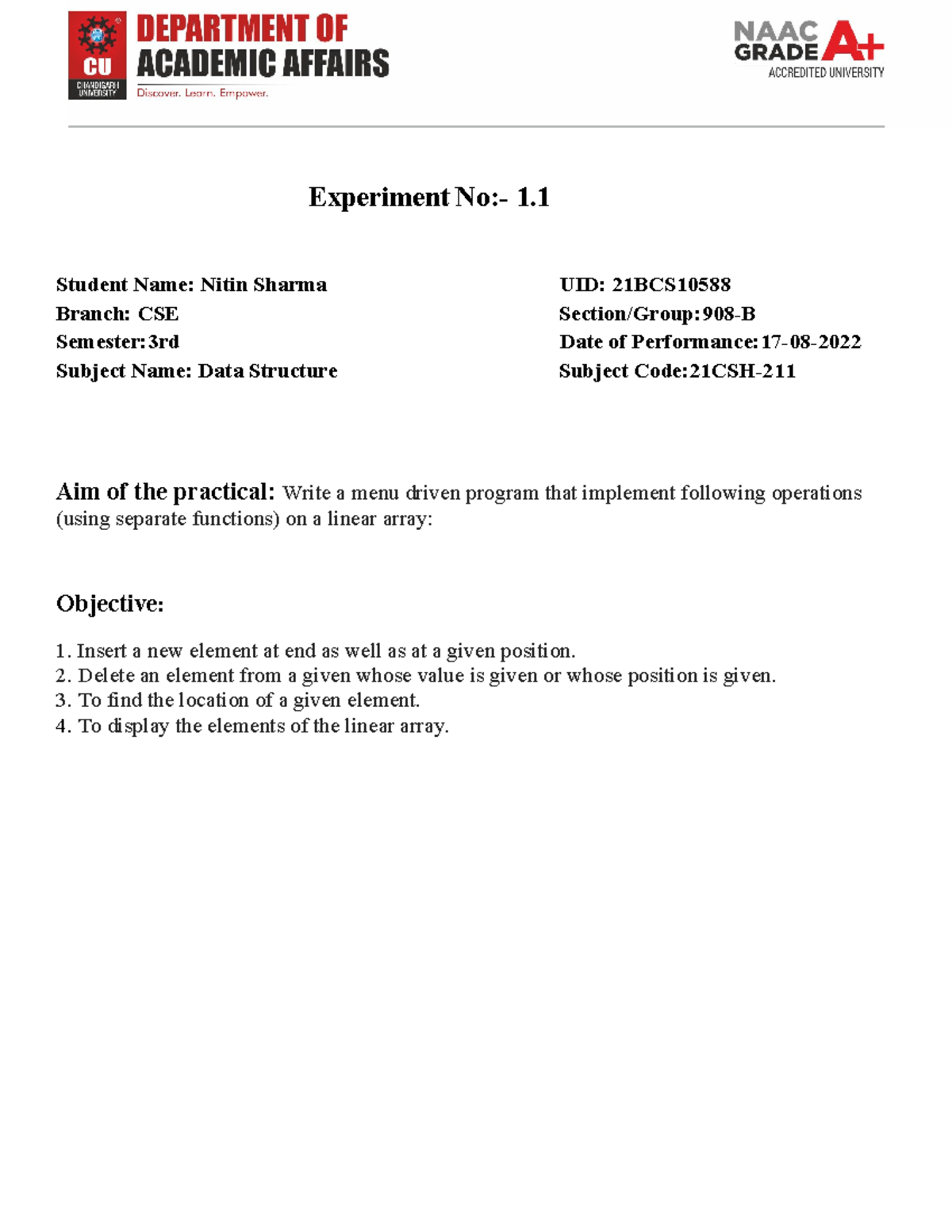 Nitin ds 1 - dsa 2nd year 1st sem experiment - Experiment No:- 1 ...