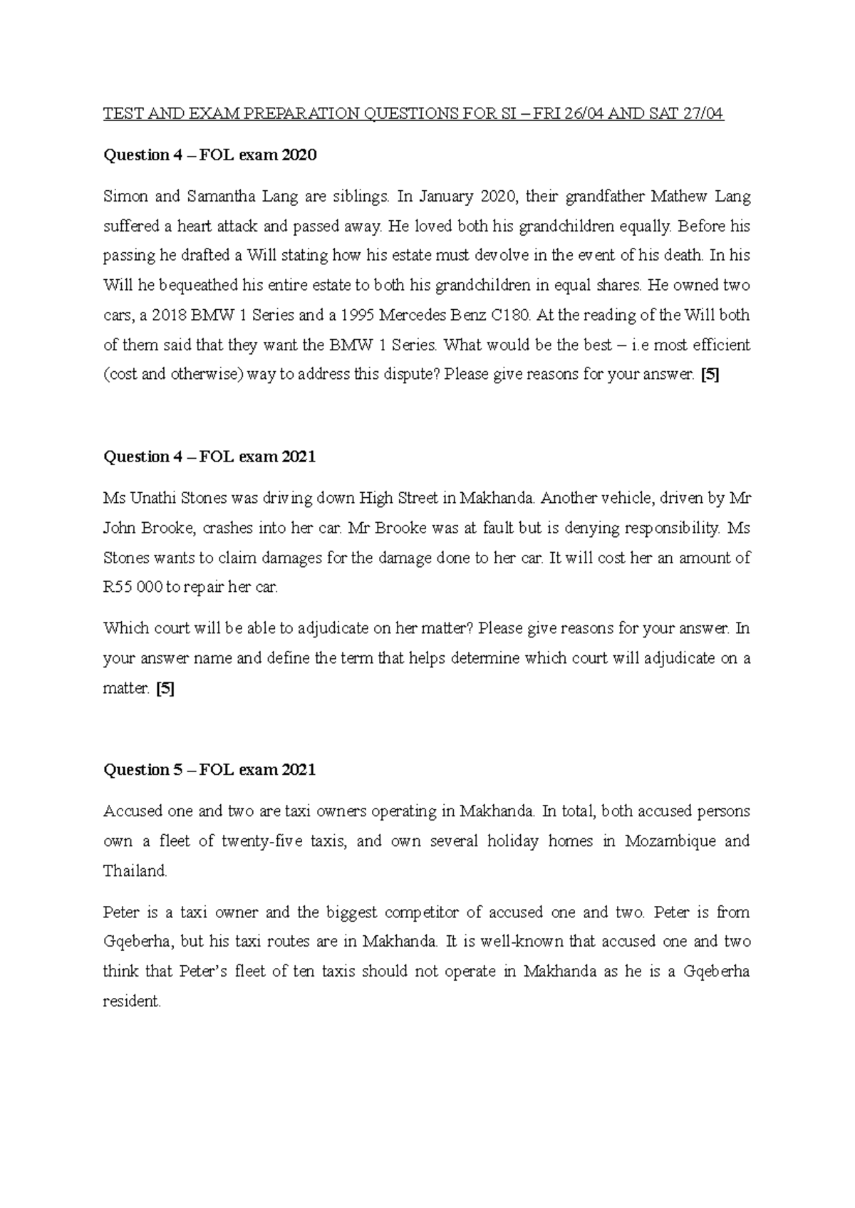 FOL test preparation questions term 2 - TEST AND EXAM PREPARATION ...