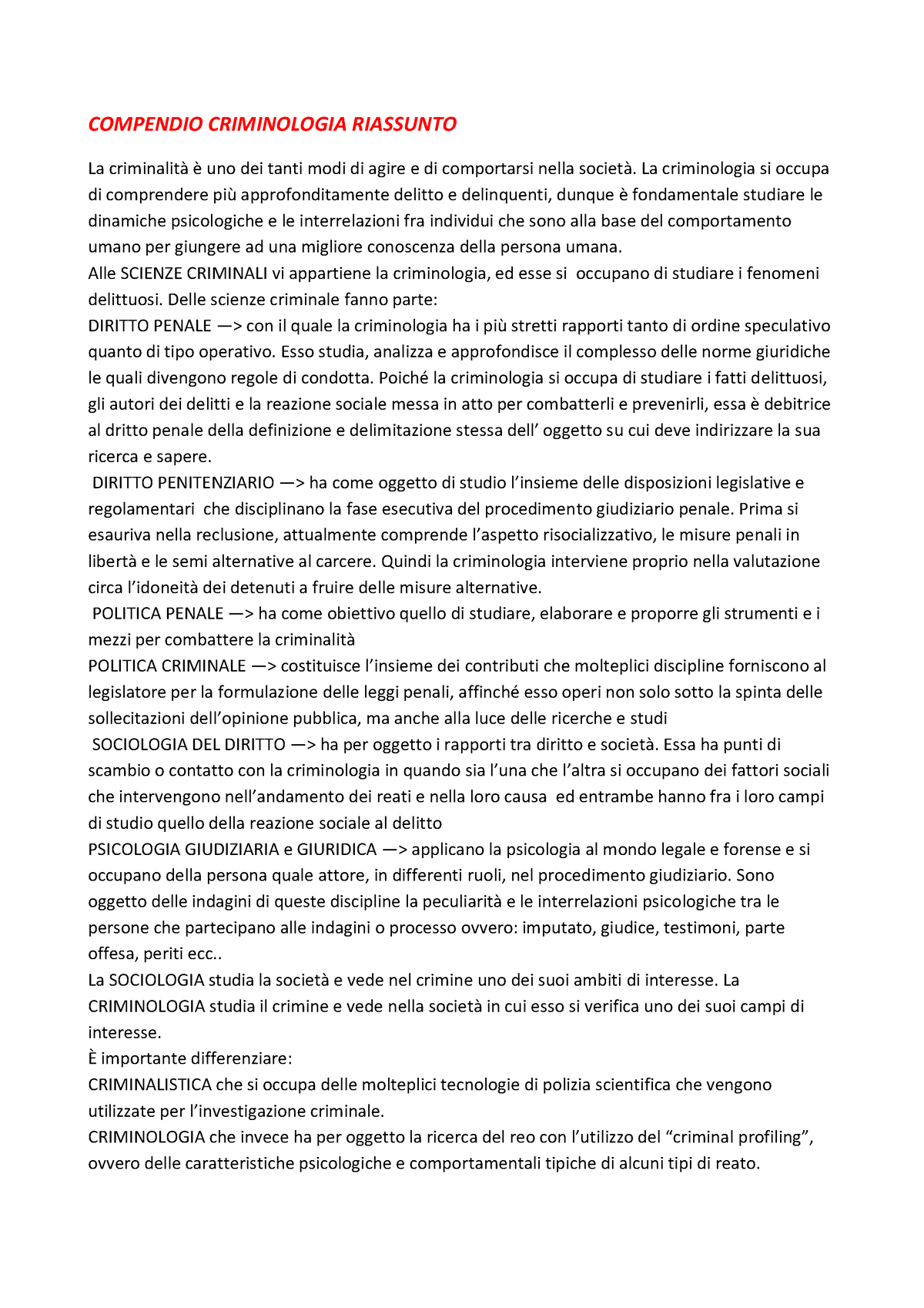 Compendio Criminologia Riassunto Mio - COMPENDIO CRIMINOLOGIA RIASSUNTO ...