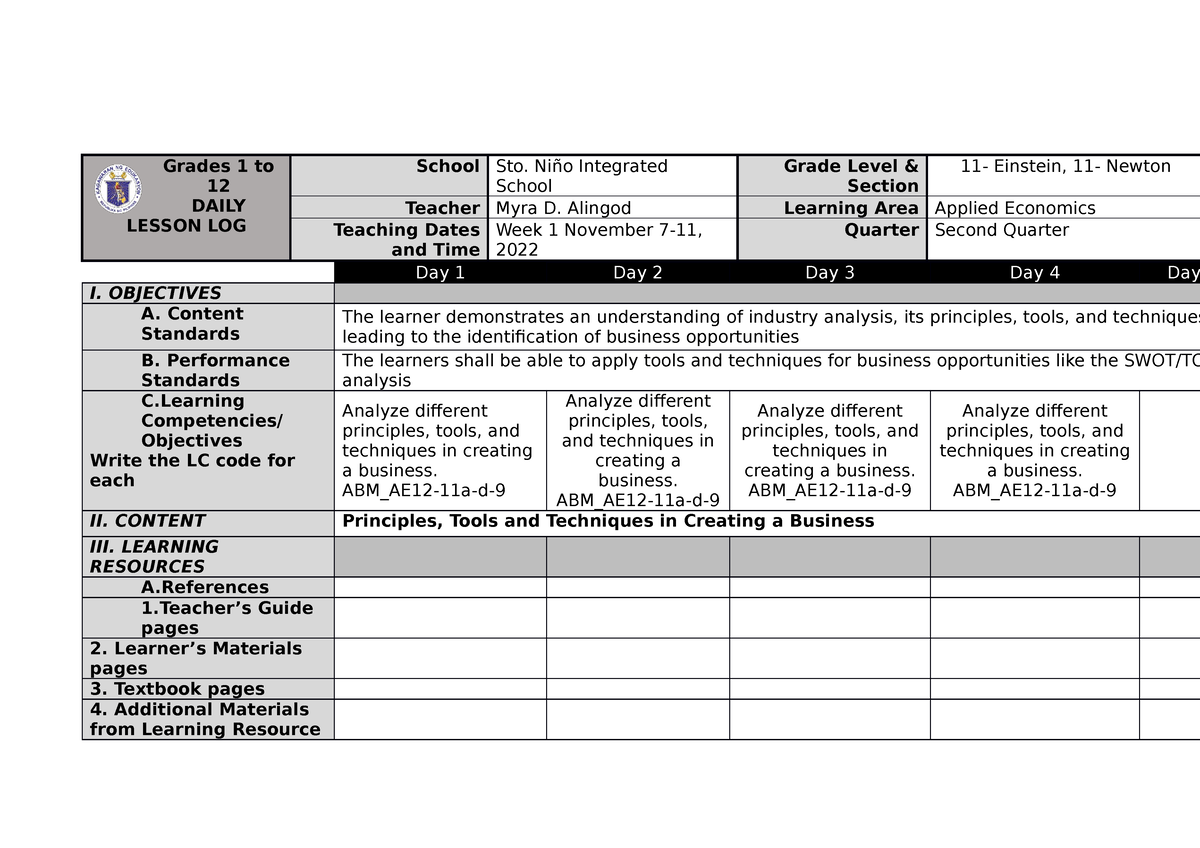 Week 11 - week 11 - Grades 1 to 12 DAILY LESSON LOG School Sto. Niño ...