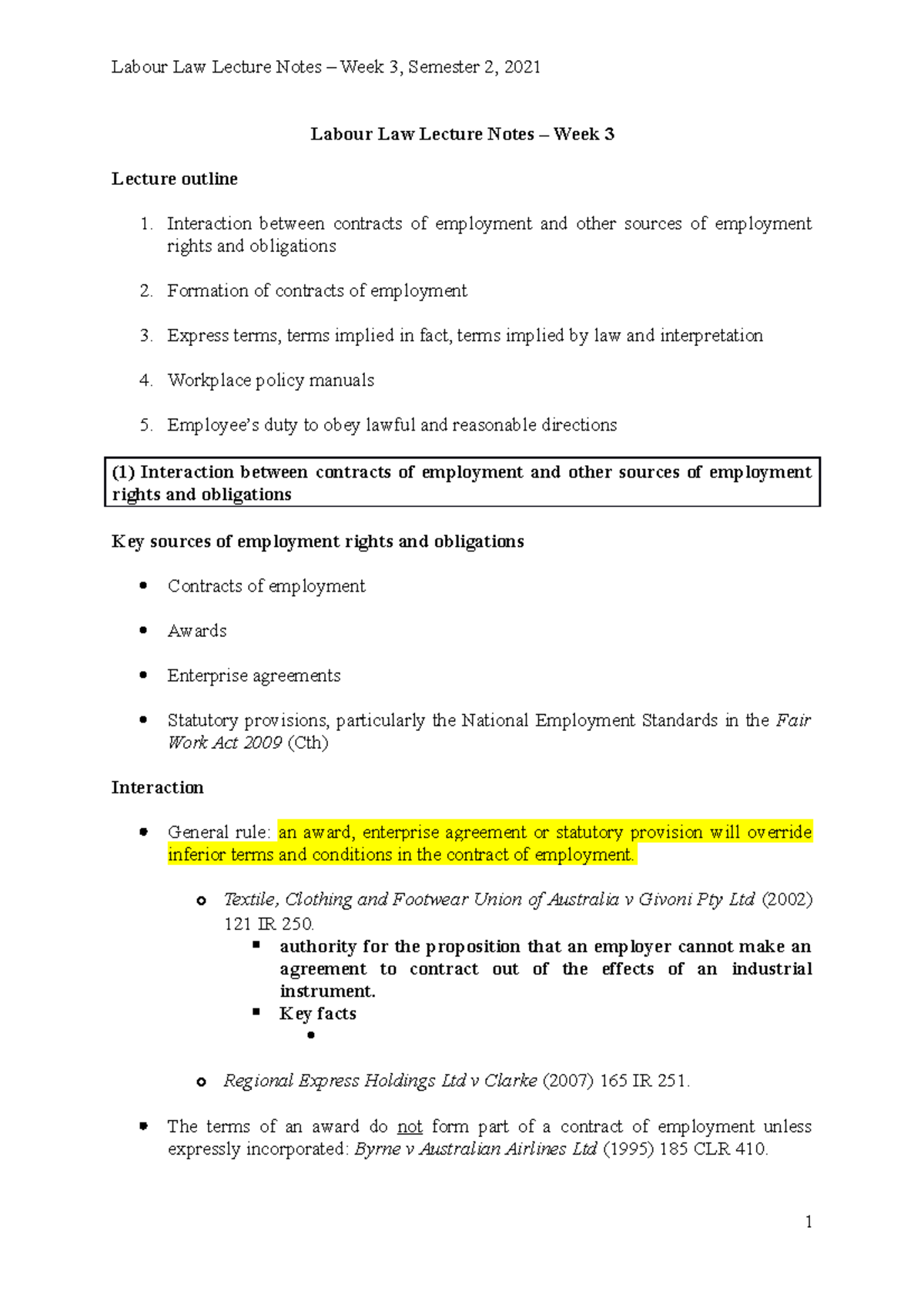 Week 3 Lecture Outline Key Passages From Cases Labour Law Lecture Notes Week 3 Lecture 