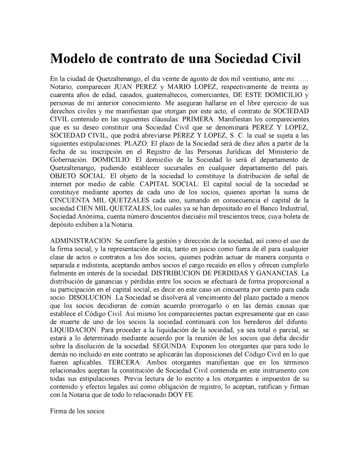 Modelo DE Sociedad Civil - Modelo de contrato de una Sociedad Civil En la  ciudad de Quetzaltenango, - Studocu