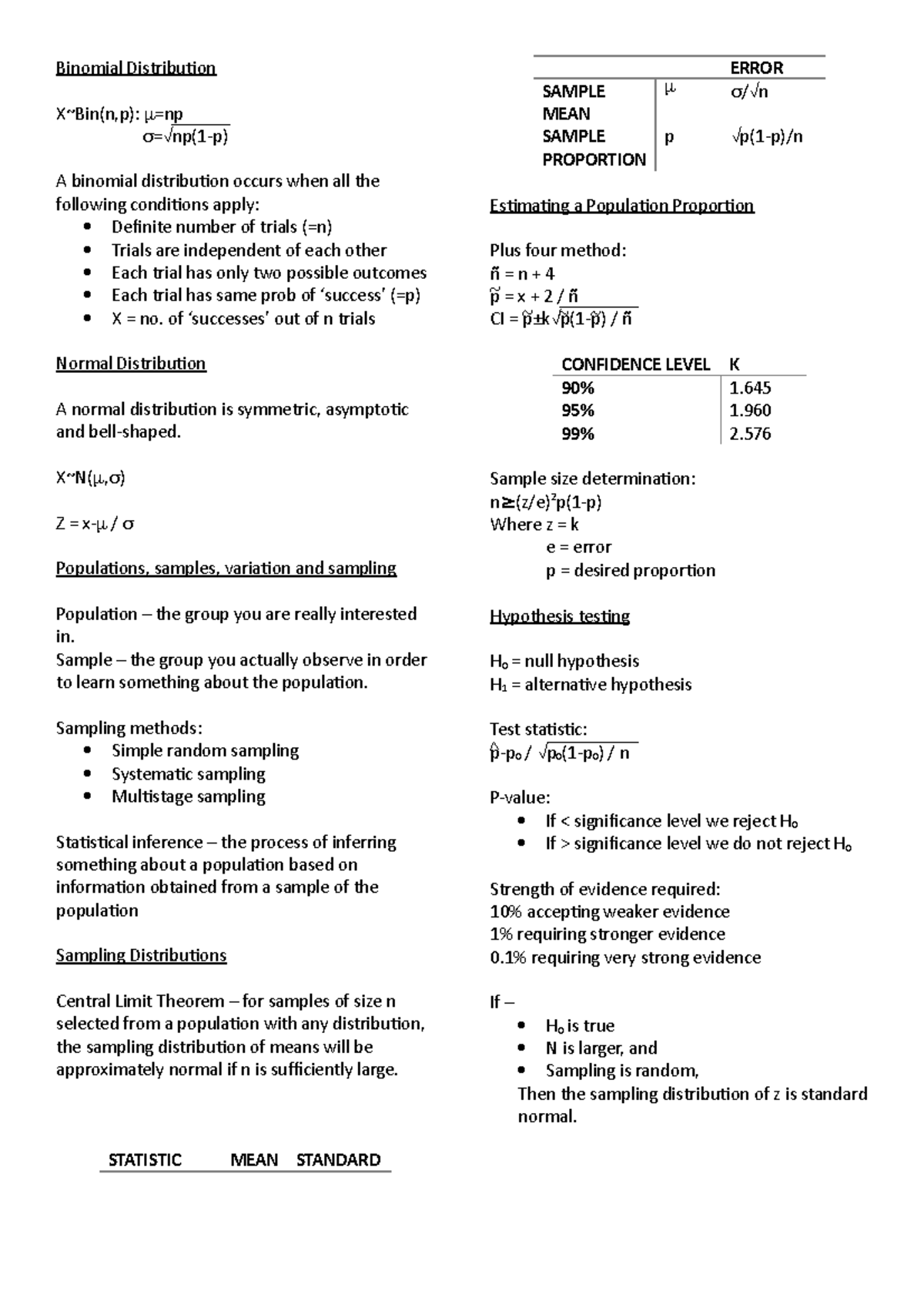 Test 2 notes Binomial Distribution XBin(n,p) =np = np(1p) A
