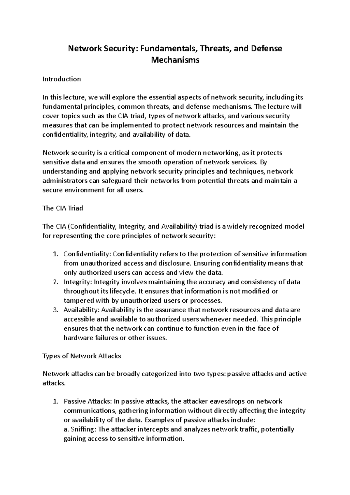 Network Security Fundamentals, Threats, and Defense Mechanisms