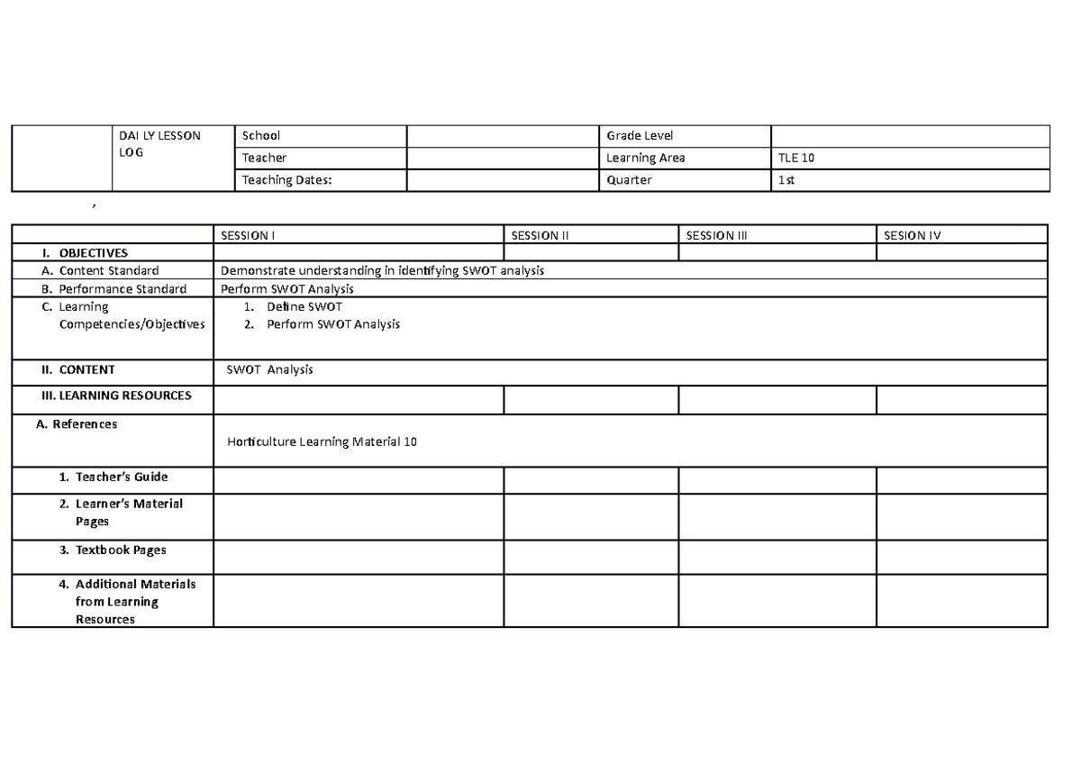 Q1-W4-TLE 10 - GUIDE - DAI LY LESSON LOG School Grade Level Teacher ...