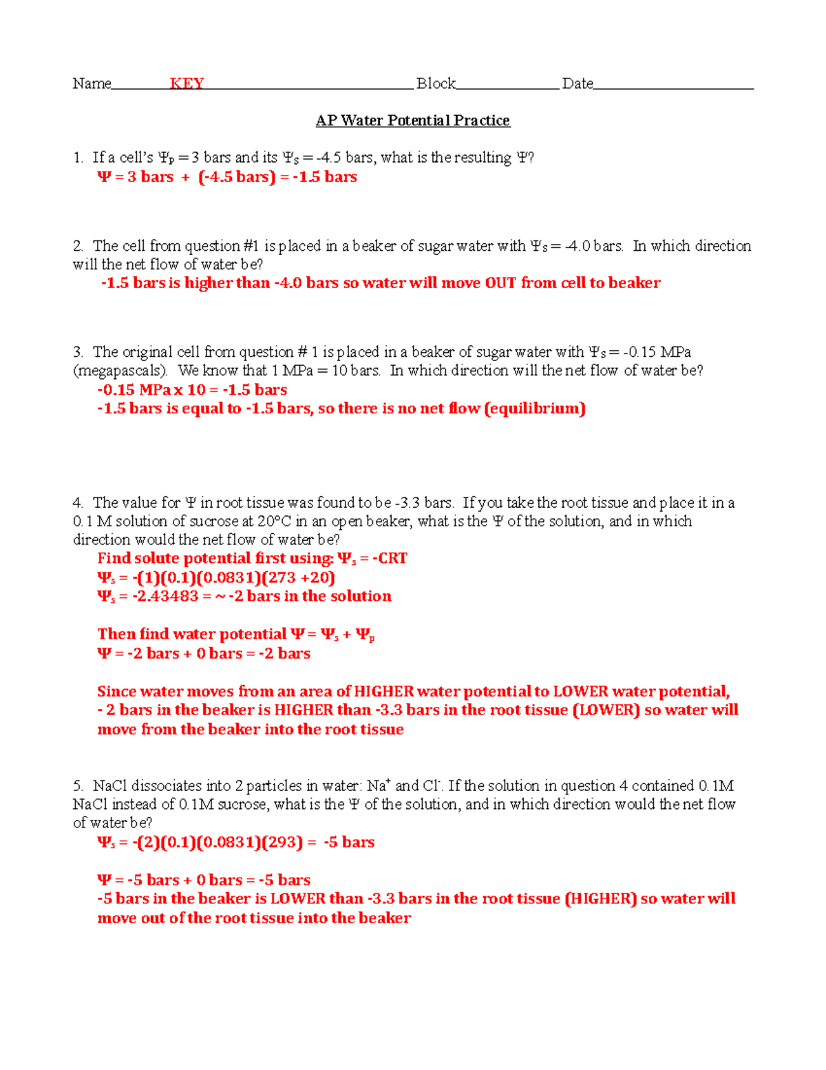 calculation of water potential from experimental data worksheet