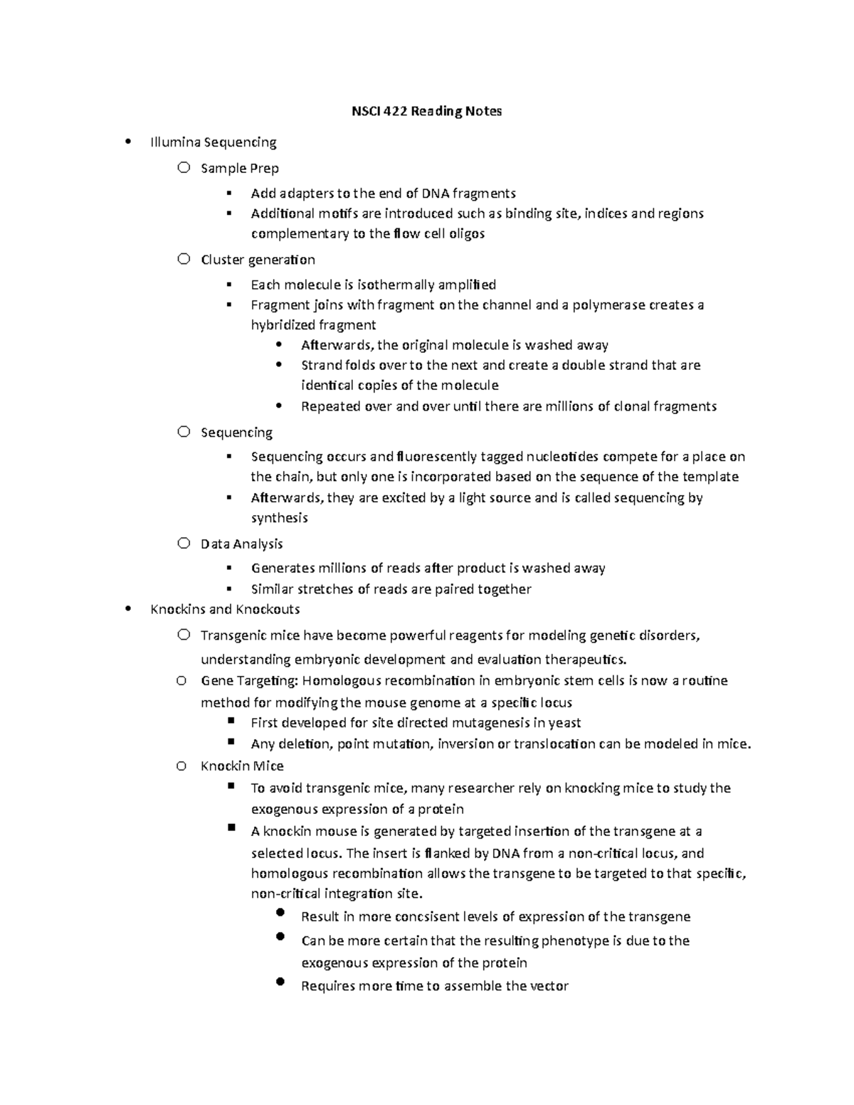 NSCI 422 Lecture Notes NSCI 422 Reading Notes Illumina Sequencing o