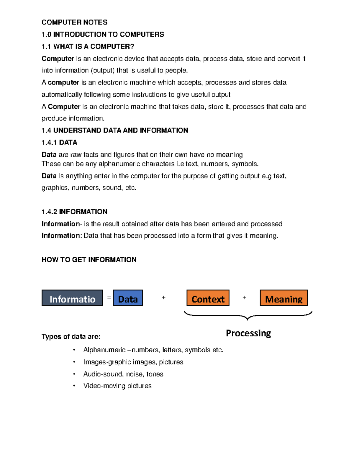 Computer Notes - COMPUTER NOTES 1 INTRODUCTION TO COMPUTERS 1 WHAT IS A ...