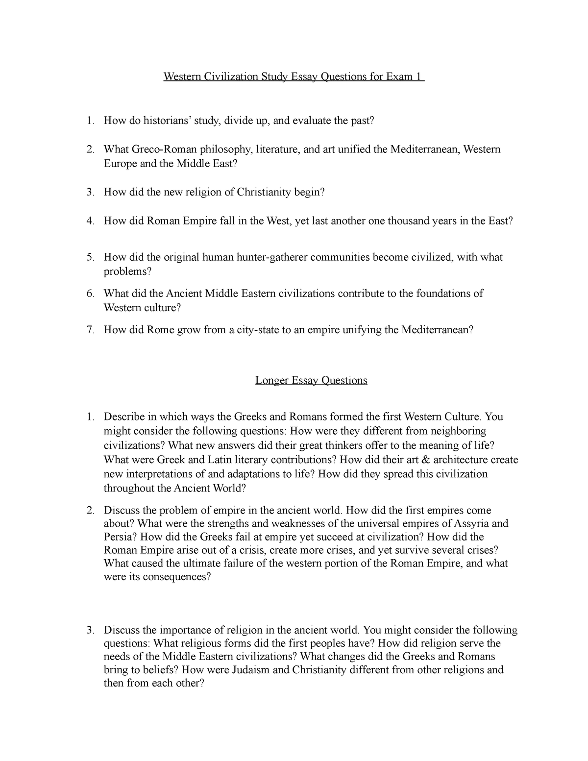 Exam 1 Practice Questions - Western Civilization Study Essay Questions ...