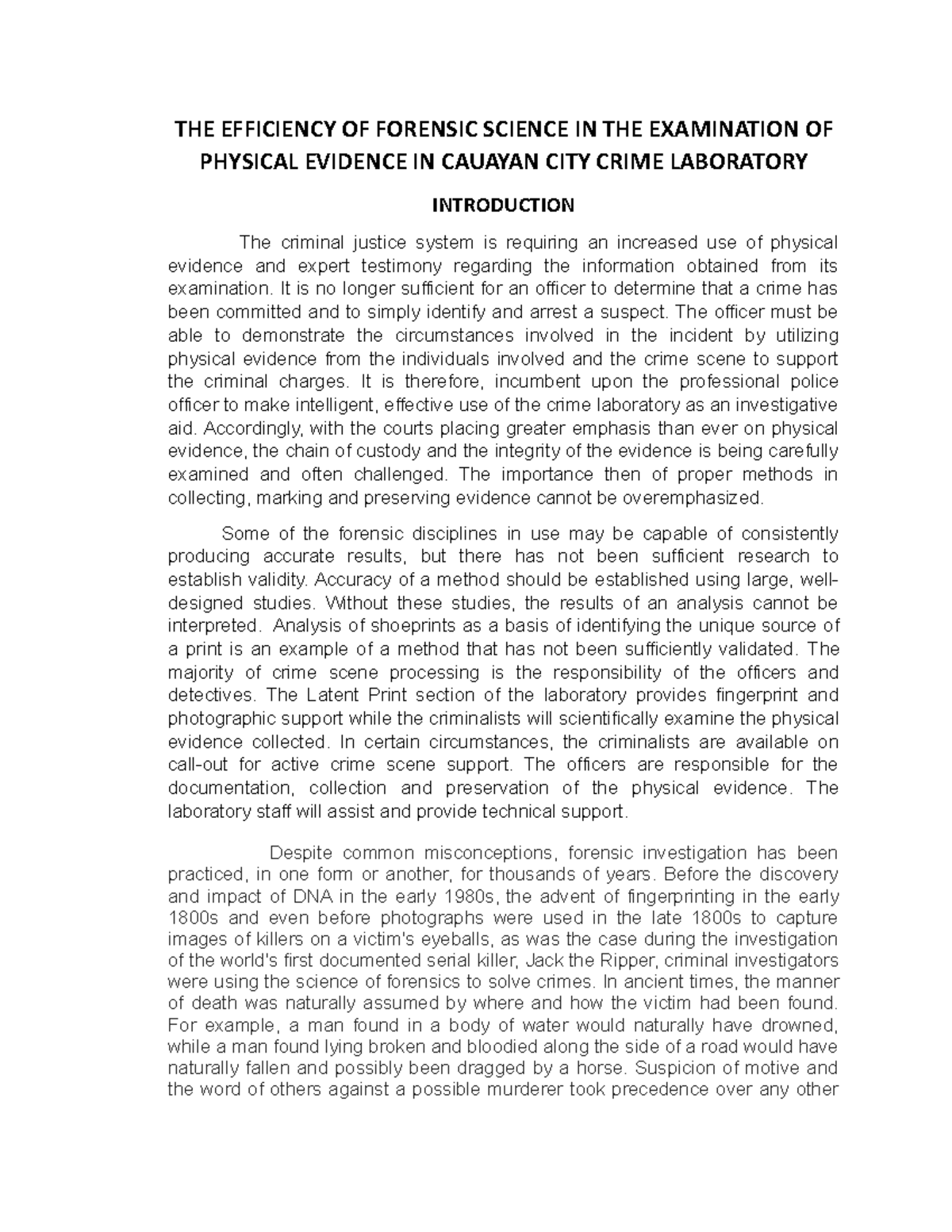 THE Efficiency OF Forensic Science IN THE Examination OF Physical ...
