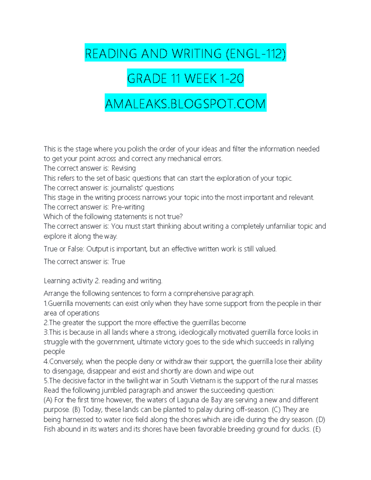 [ Amaleaks. Reading and Writing (ENGL112) Grade 11 Week
