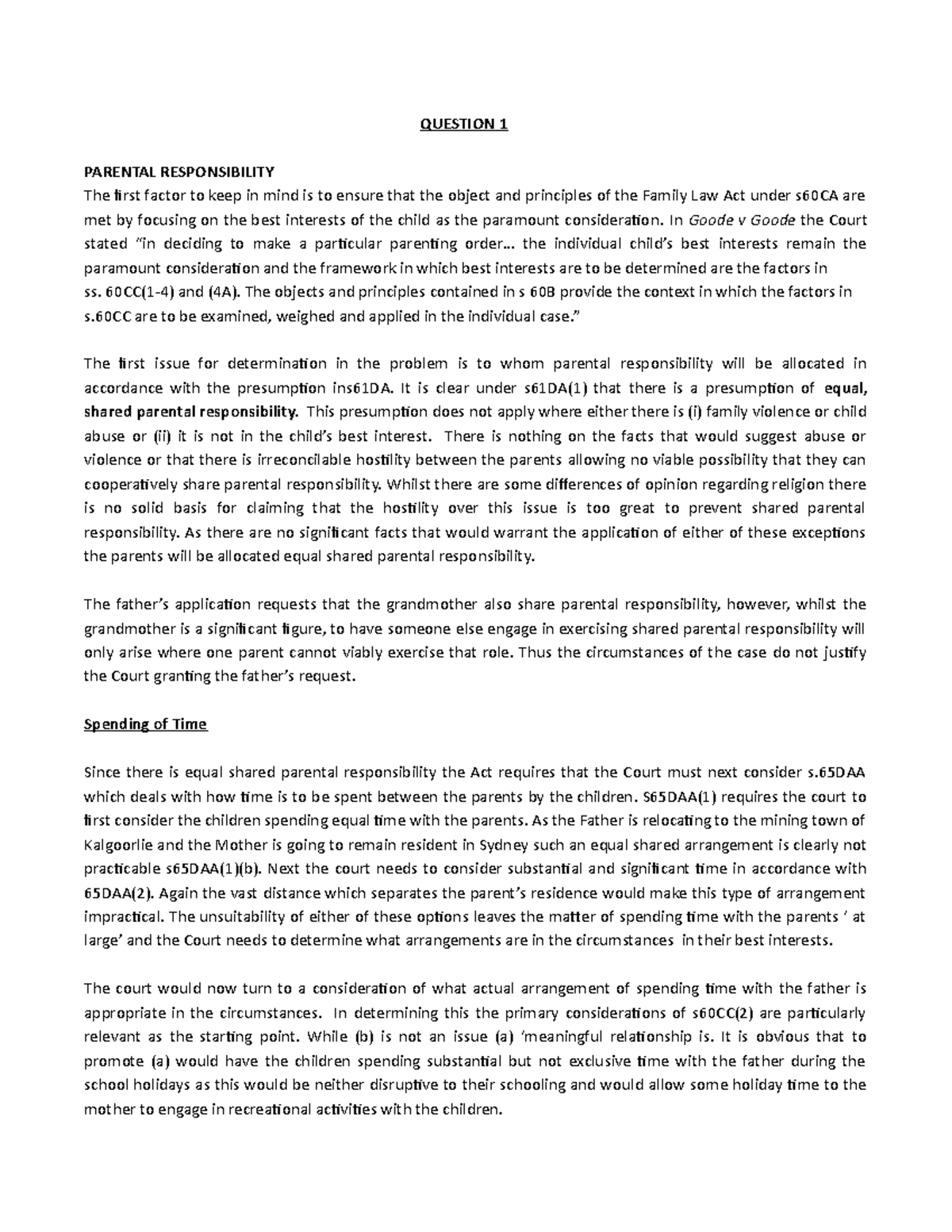 2010 Exam Answer Guide - QUESTION 1 PARENTAL RESPONSIBILITY The first ...