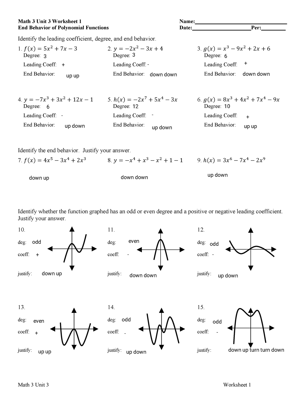 Math 3 Unit 3 Worksheet 1 Answer Key End Behavior Of Polynomial Functions