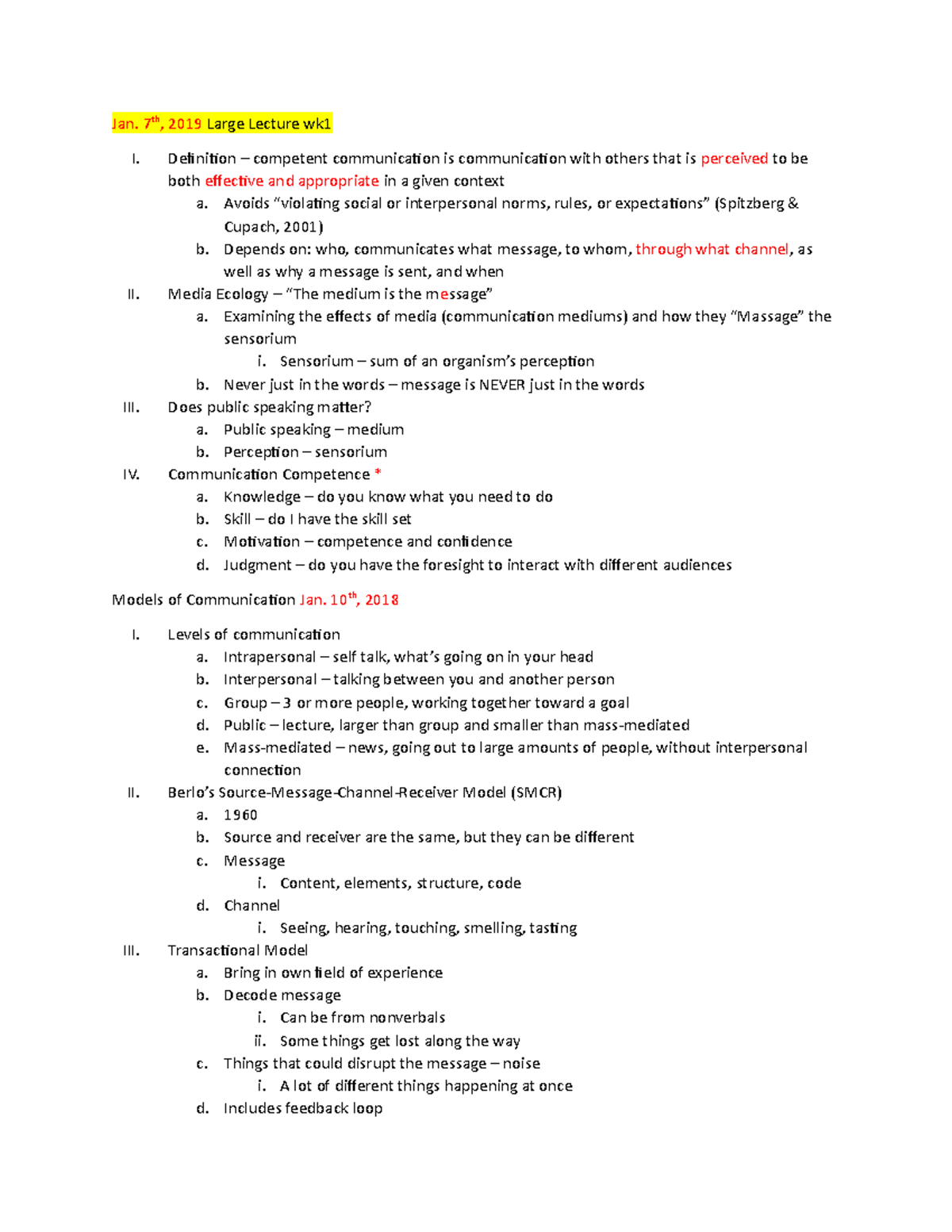 Comm Small & Large Notes - Jan. 7th, 2019 Large Lecture wk1 I. II. III ...