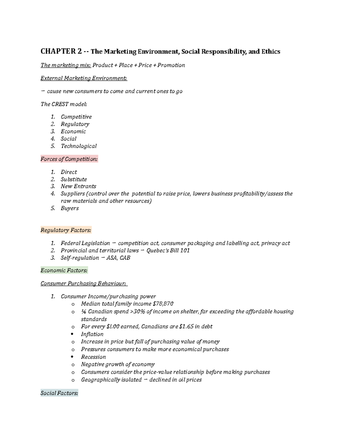 Chapter 2 - RYERSON MKT 100 - CHAPTER 2 - The Marketing Environment ...