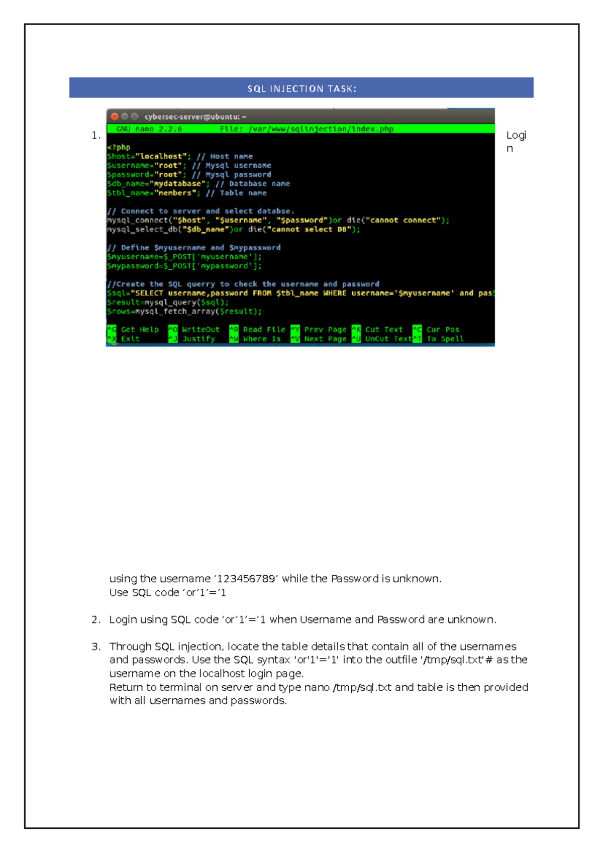 Cybersecurity-Tut2Com06 - Copy - SQL INJECTION TASK: Logi n using the ...