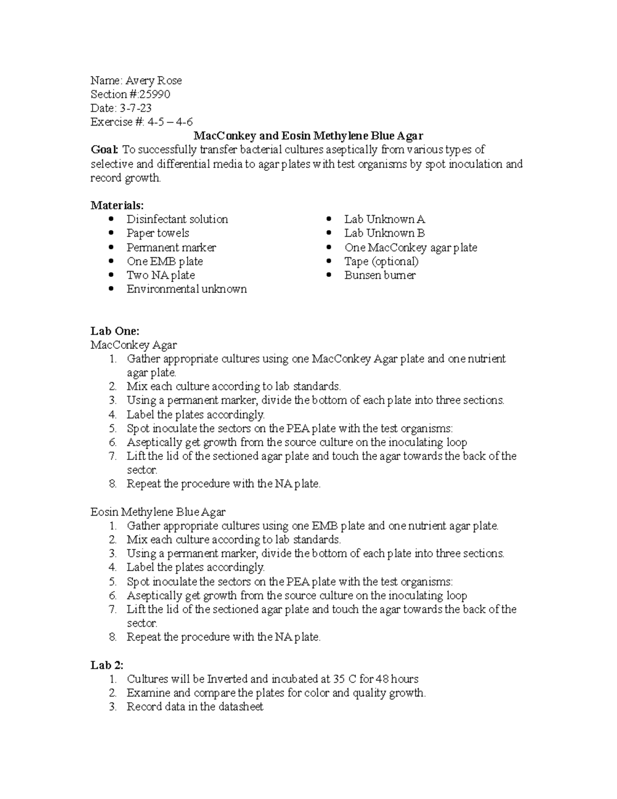 Prelab 4-5 - 4-6 - pre lab - Name: Avery Rose Section #: Date: 3-7 ...