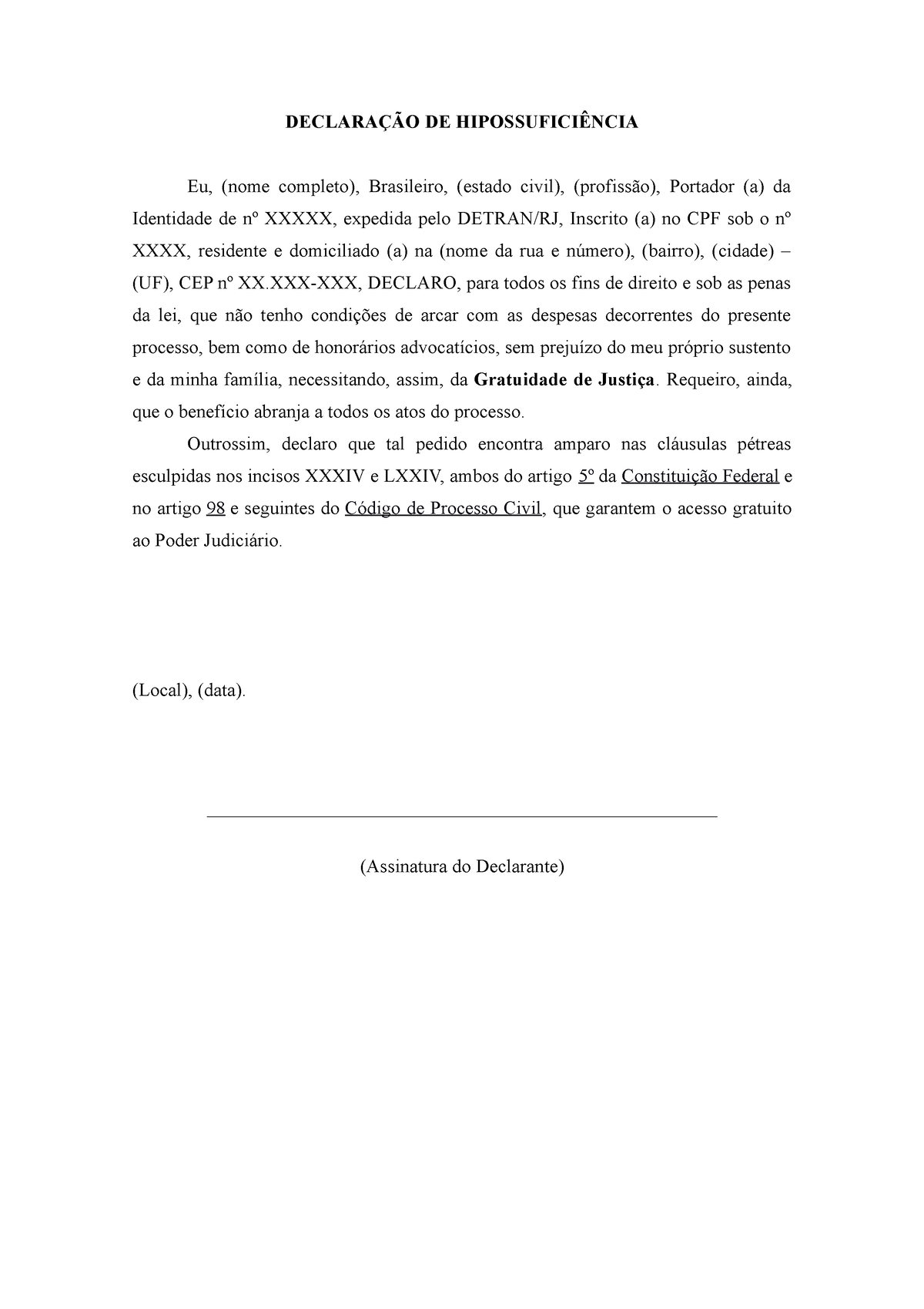 Declaração De Hipossuficiência DeclaraÇÃo De HipossuficiÊncia Eu Nome Completo Brasileiro 5251