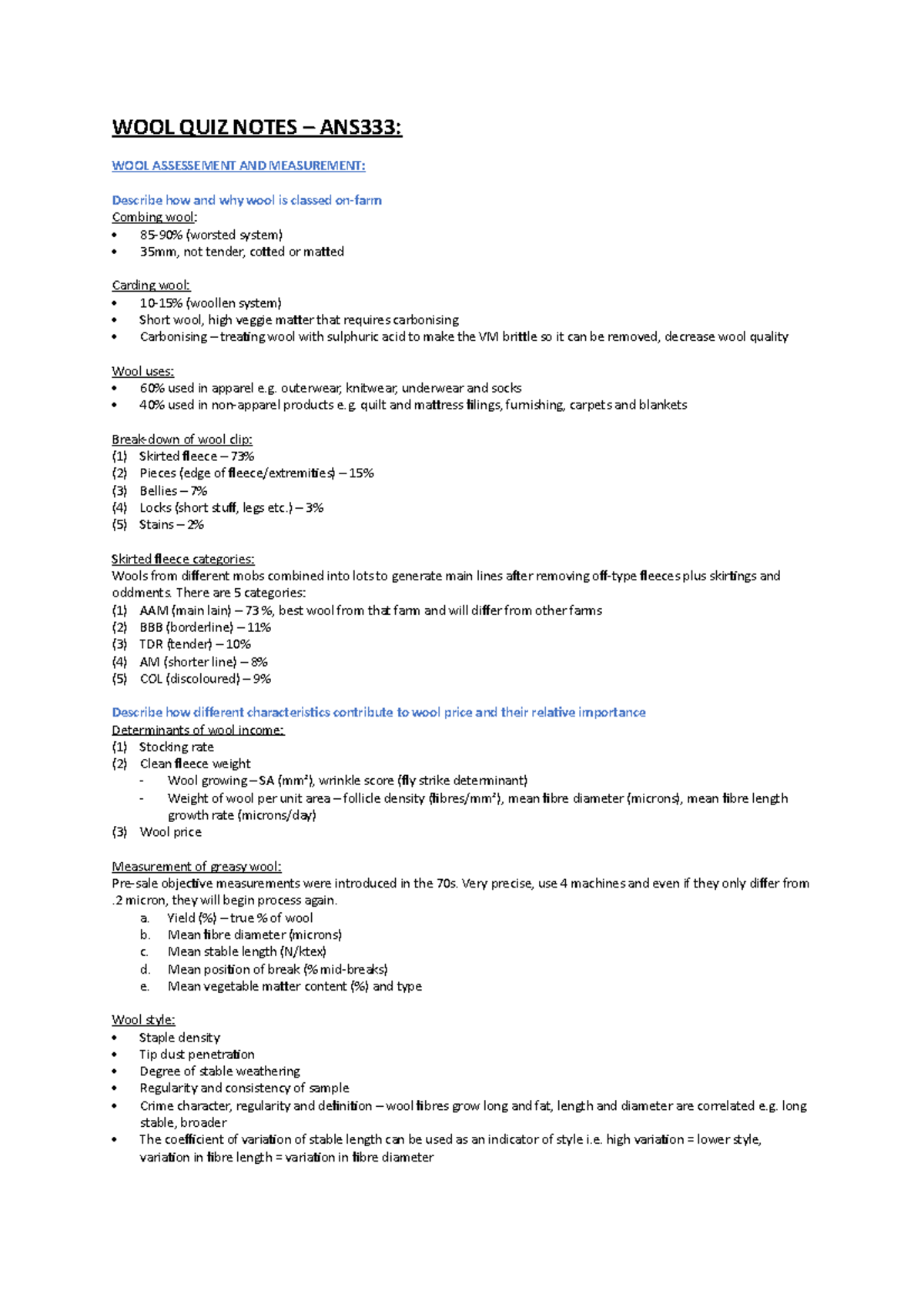 WOOL QUIZ Notes - WOOL QUIZ NOTES WOOL ASSESSEMENT AND MEASUREMENT ...