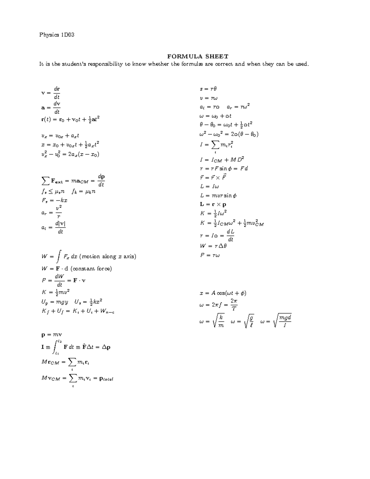 1D03 formula page 1 - Physics 1D FORMULA SHEET It is the student’s ...