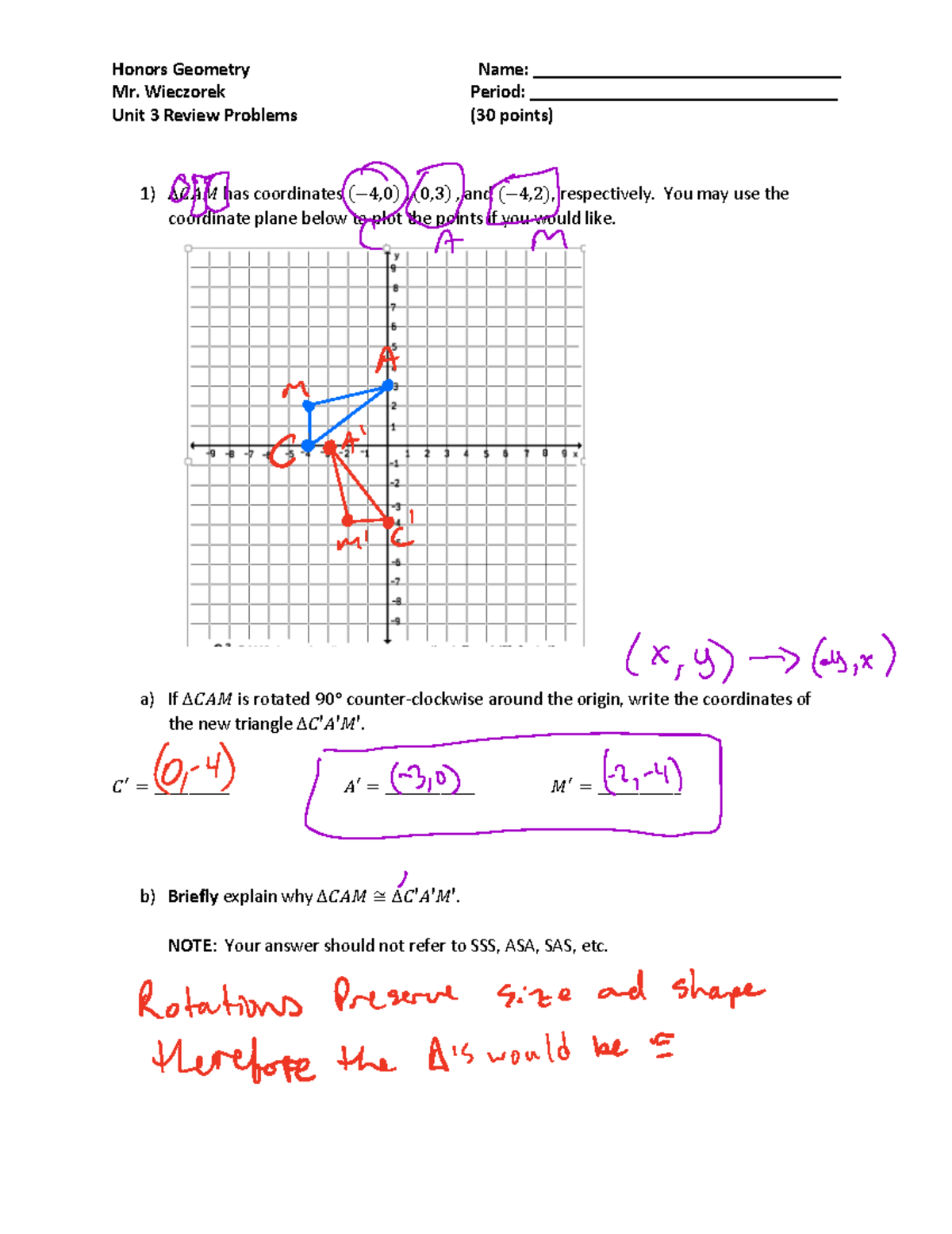 Unit 3 Review Problems Answer Key - Mr. Wieczorek Period
