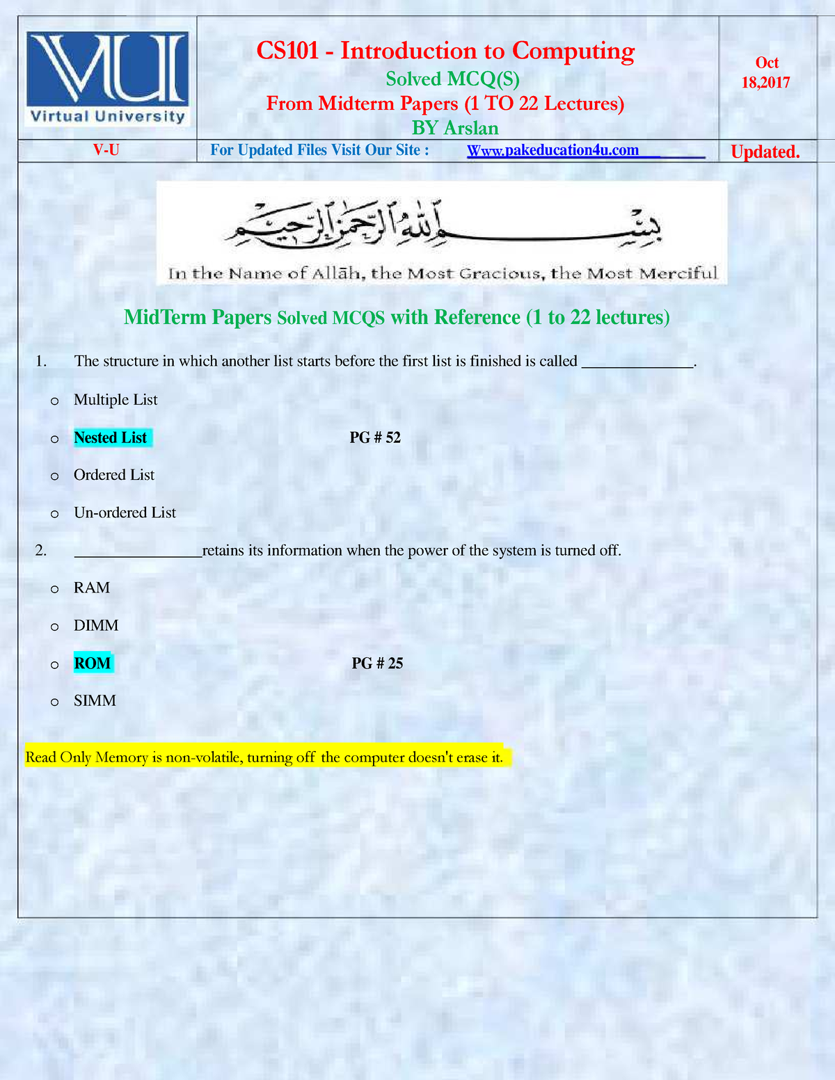 CS101 Mid Term MCQs With Reference Solved By Arslan - CS101 ...