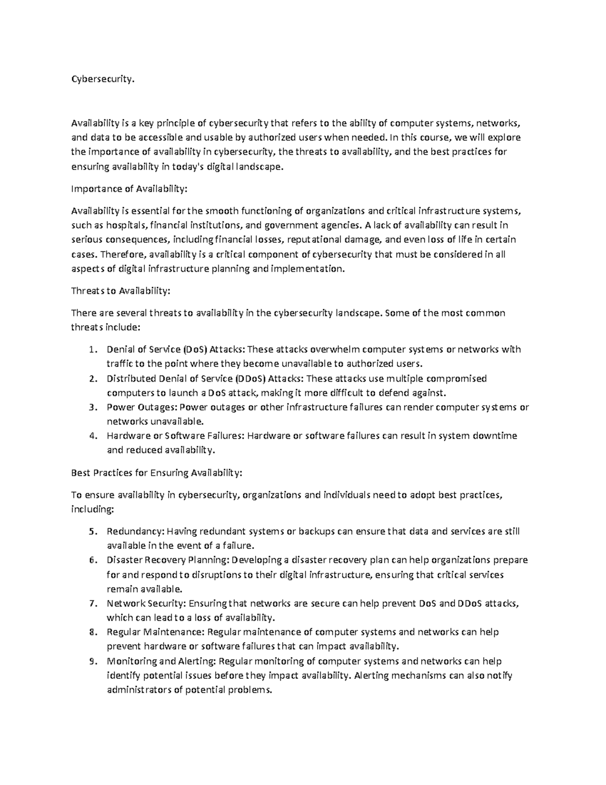 Document 27 - Bob - Cybersecurity. Availability is a key principle of ...