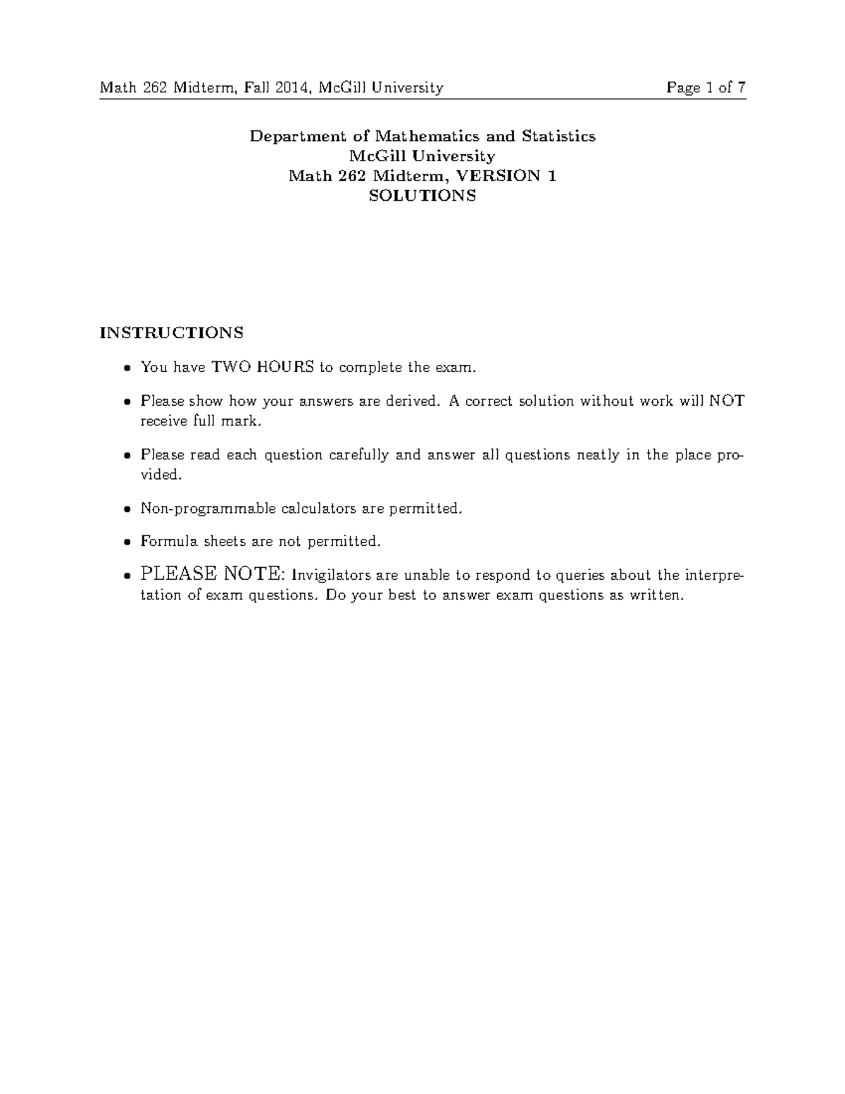 Exam 2014, answers - version 1 - Department of Mathematics and ...