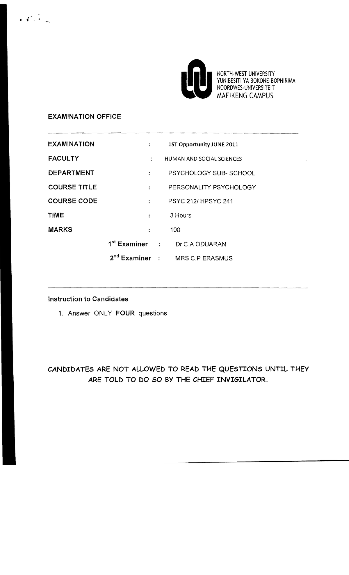Psyc212 Mcjune 2011 Past Question Paper Ii North West University Yunibesiti Ya Bokone Psyc212 Mcjune 2011 Past Question Paper Ii North West University Yunibesiti Ya Bokone