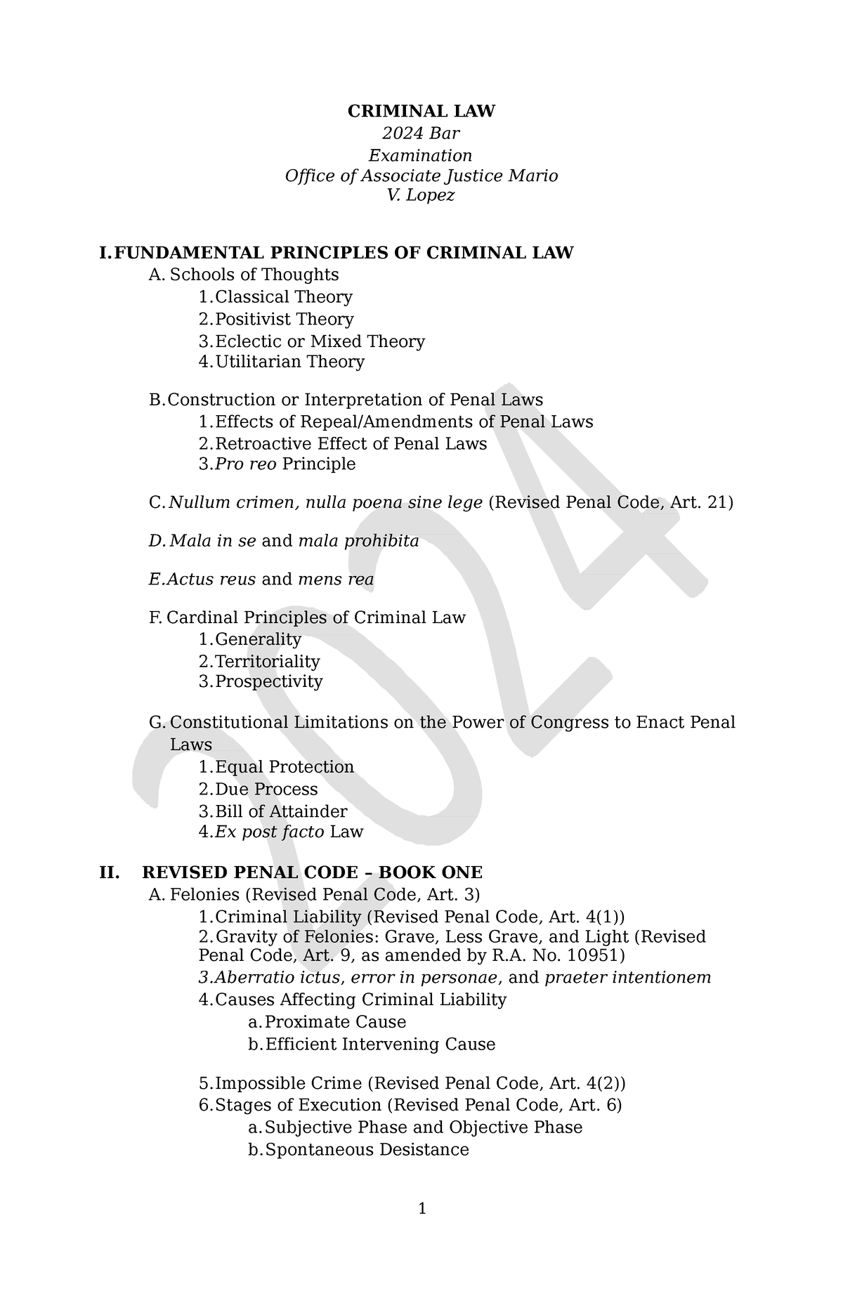 Syllabus for Bar 2024 CRIMINAL LAW 2024 Bar Examination Office of