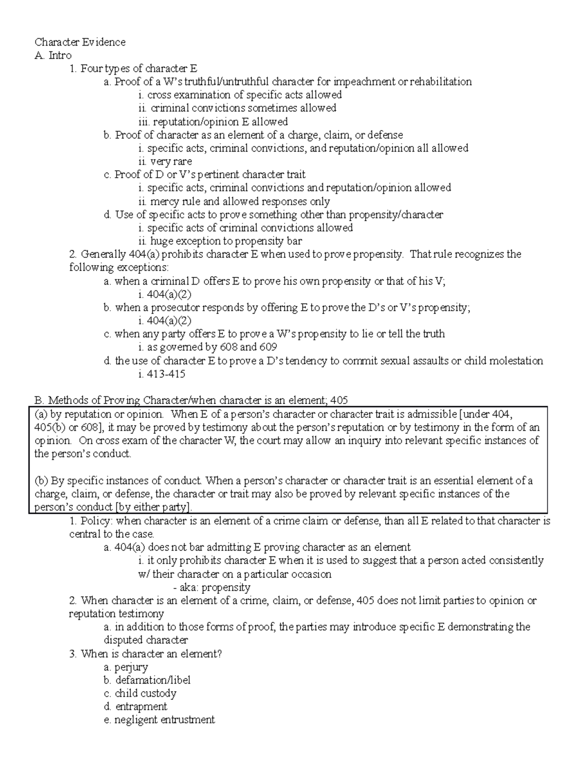 Character Evidence Outline - Character Evidence A. Intro 1. Four types ...