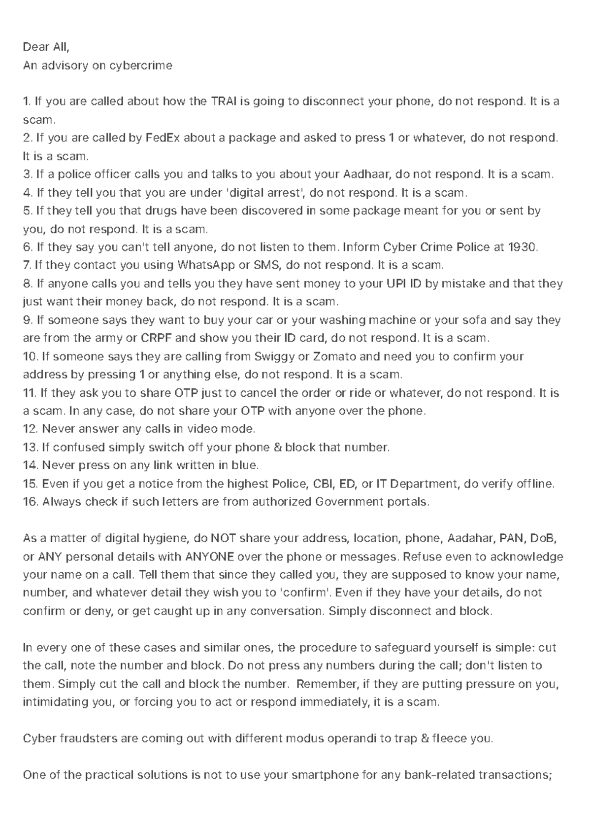 Dear All - Note - Dear All, An advisory on cybercrime If you are called ...