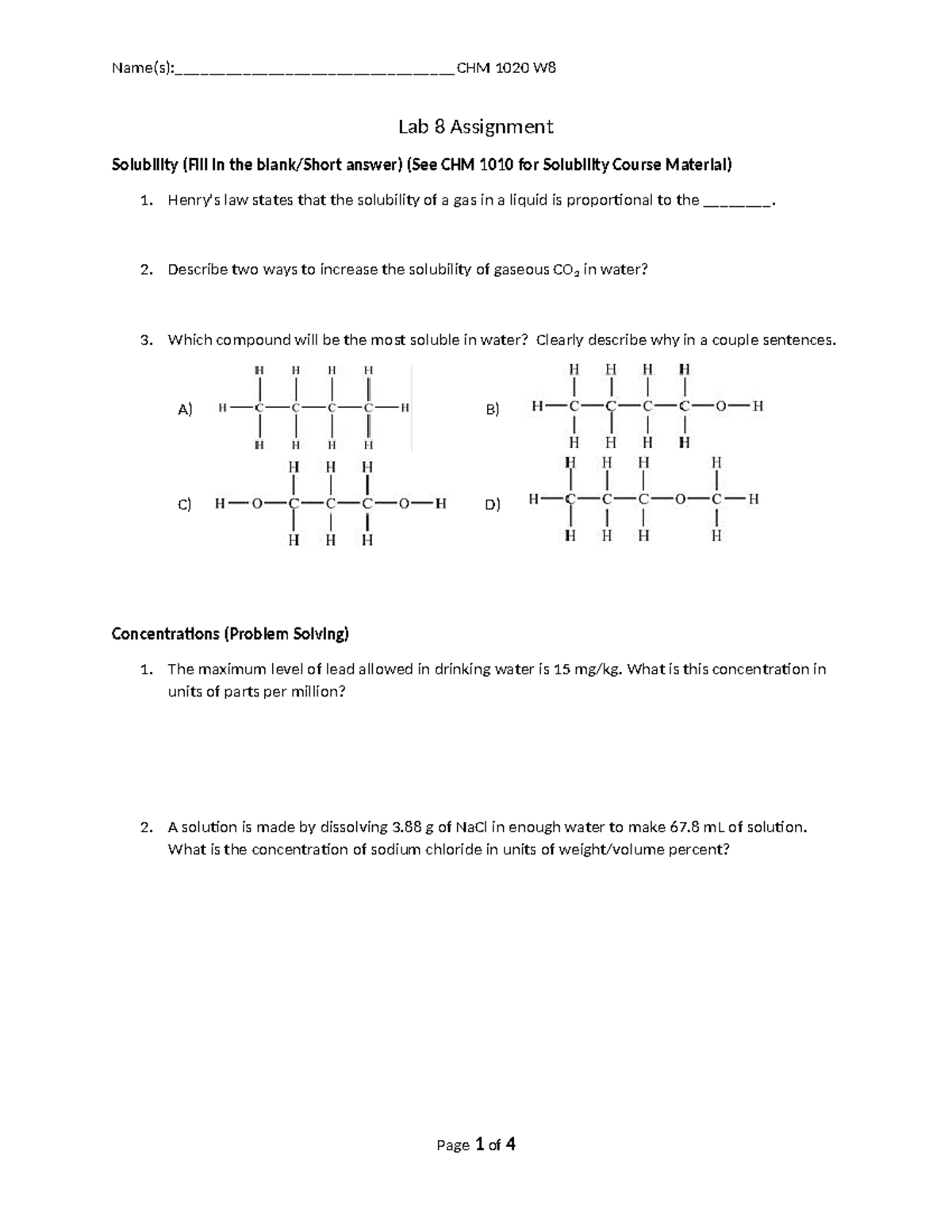 Chm1020 w8 lab assignment - Lab 8 Assignment Solubility (Fill in the ...