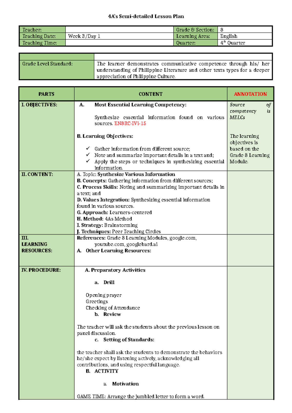 Synthesize various information - 4A’s Semi-detailed Lesson Plan Teacher ...
