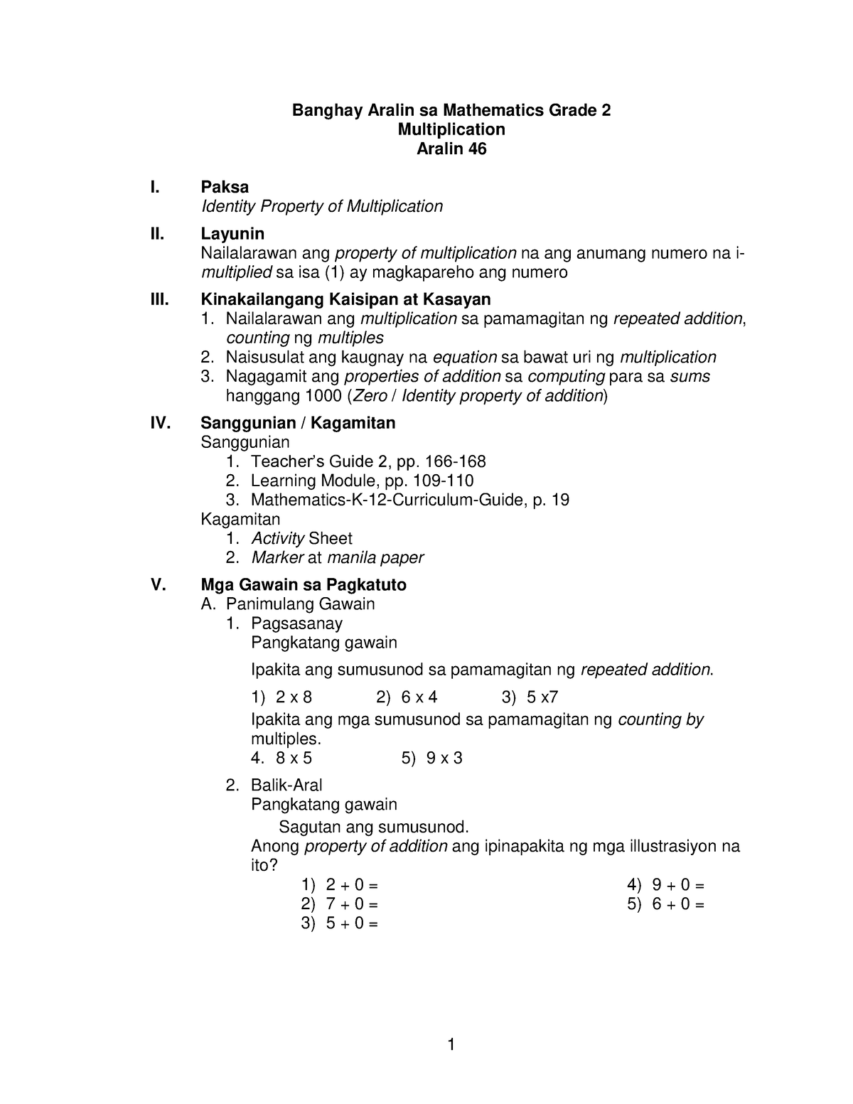 Banghay Aralin Mathematics Grade 2 Aralin 46 Identity Property Of Multiplication 1 Banghay 5967