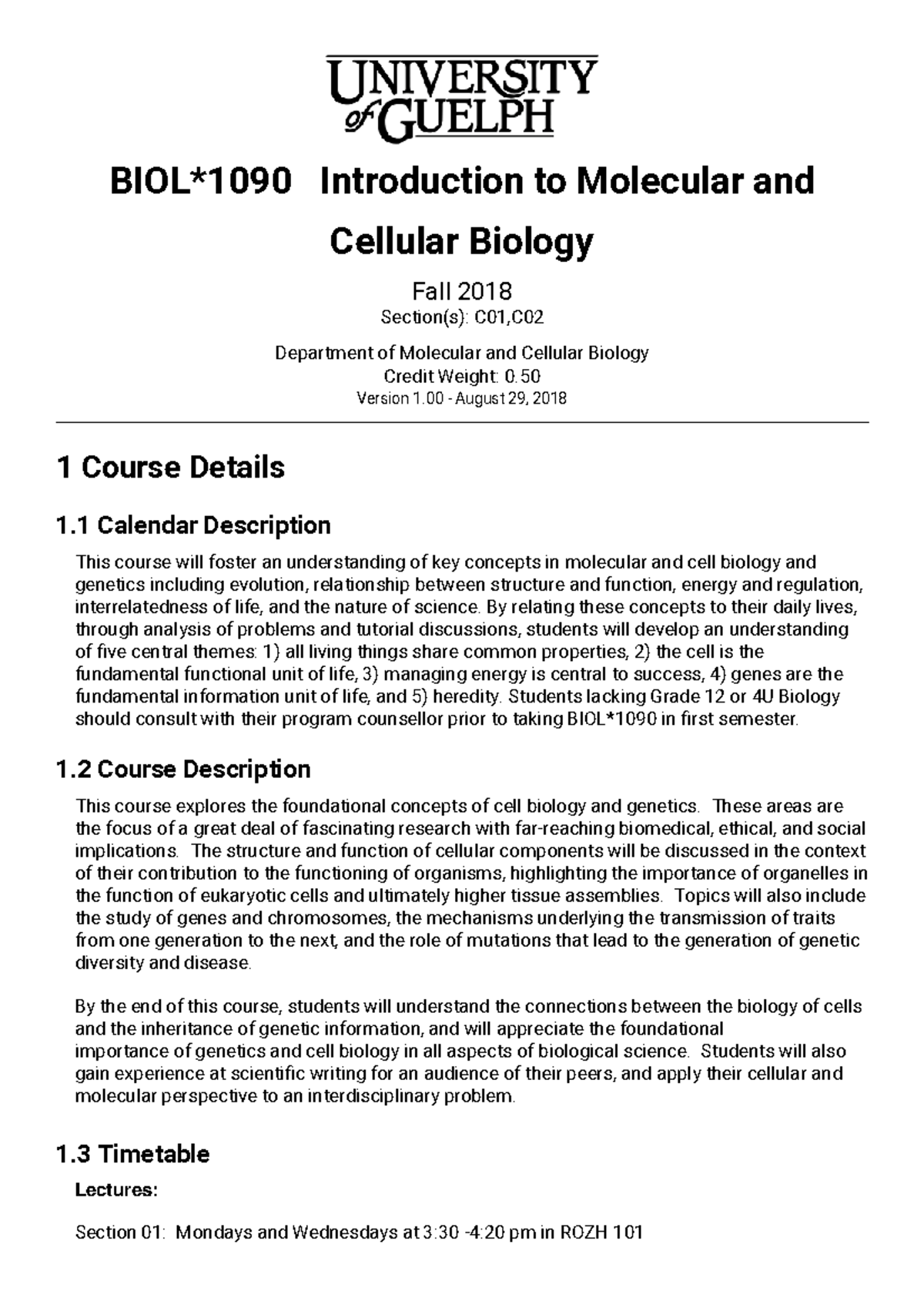 BIOL1090 Course Outline - BIOL*1090 Introduction To Molecular And ...