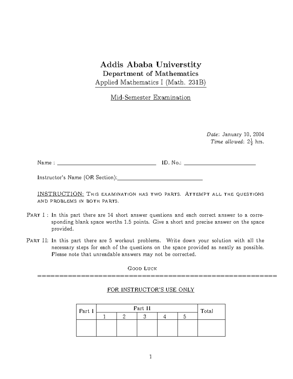 Applied Mathematics I MID EXAM MATH - Addis Ababa Universtity ...