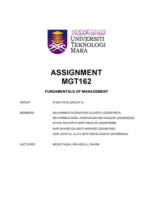 MGT162 Individual Assignment - FUNDAMENTAL OF MANAGEMENT (MGT 162 ...