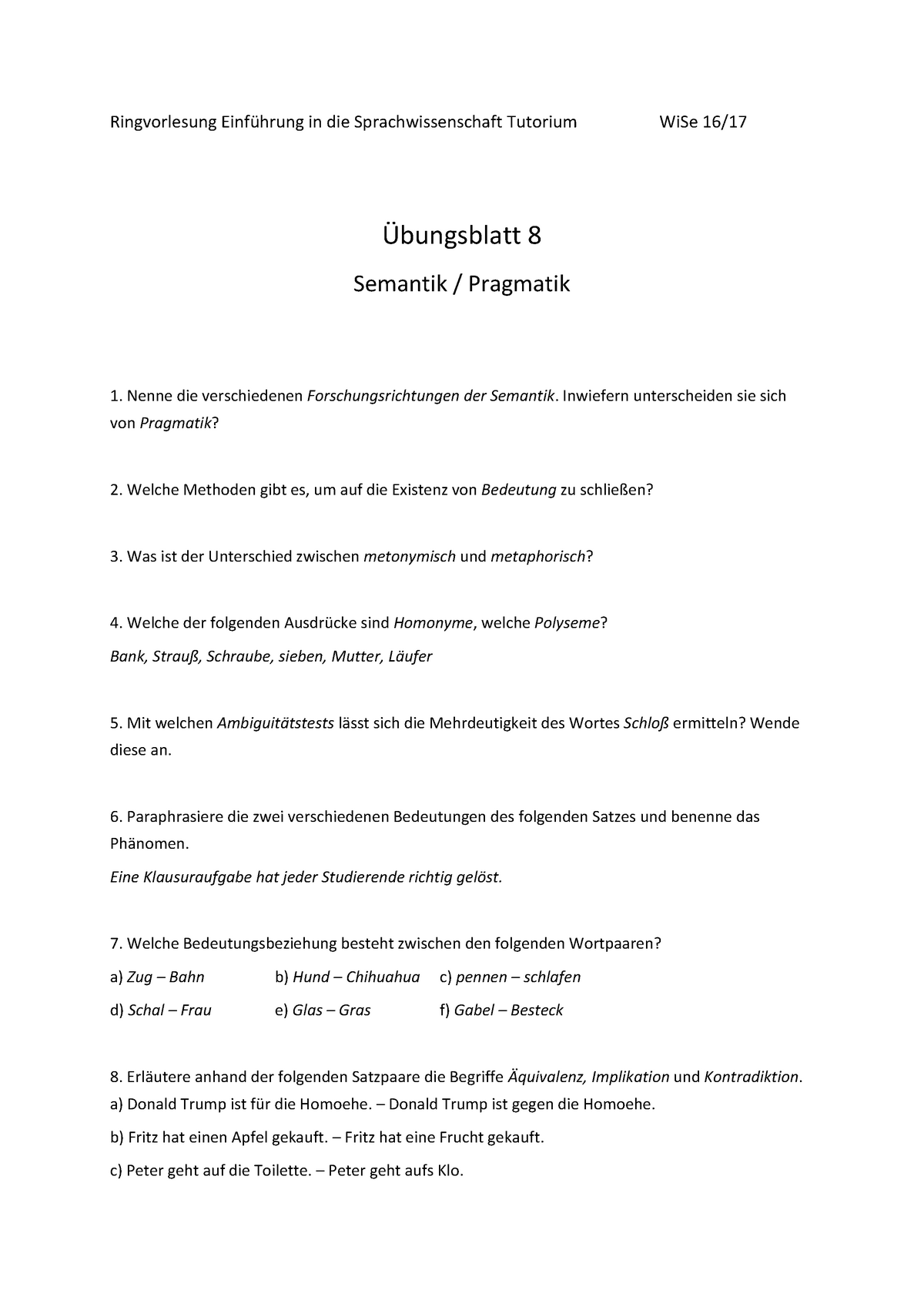 Übungsblatt 8 - Semantik Pragmatik - Einf. In Die Sprachwissenschaft WS ...