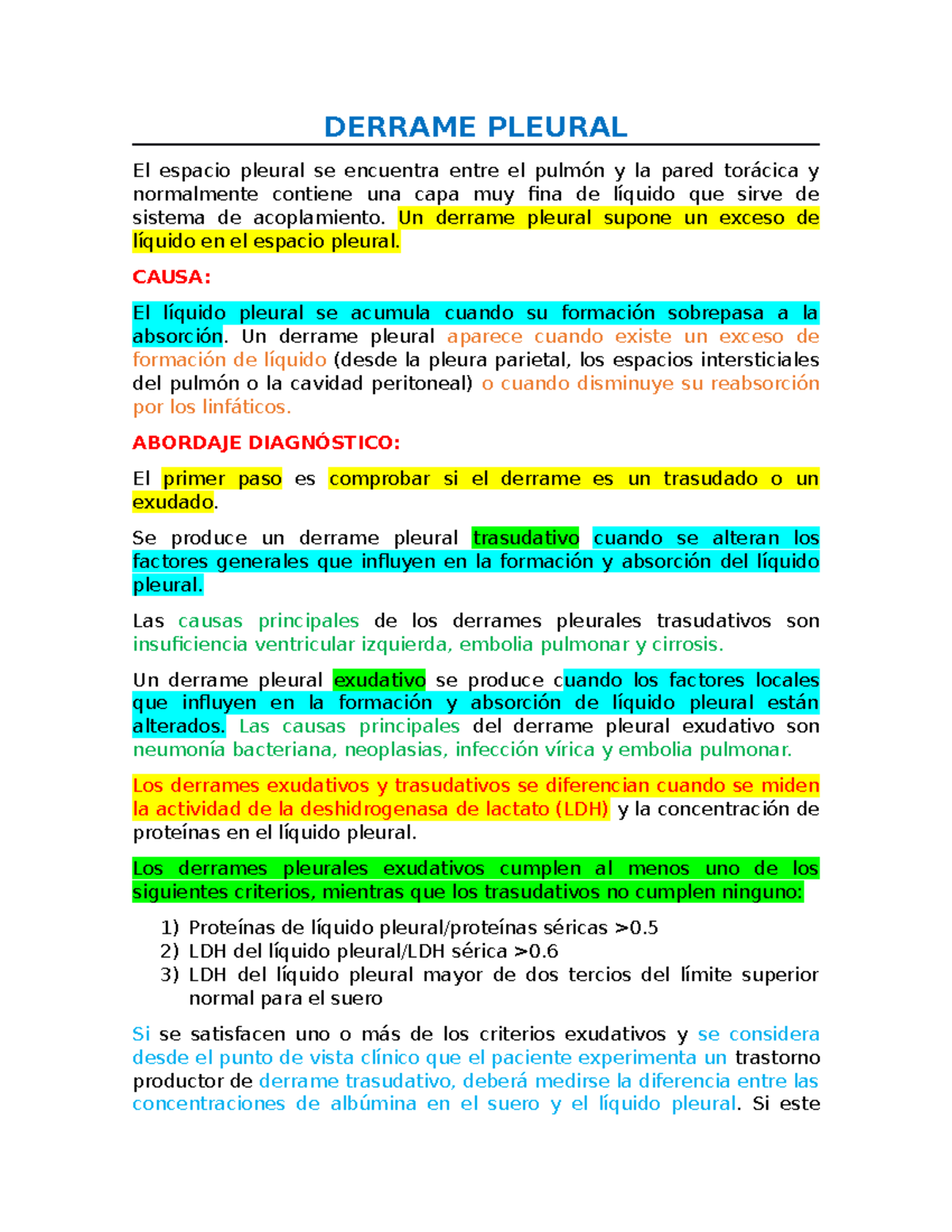 Derrame Pleural Resumen Medicina I DERRAME PLEURAL El Espacio 