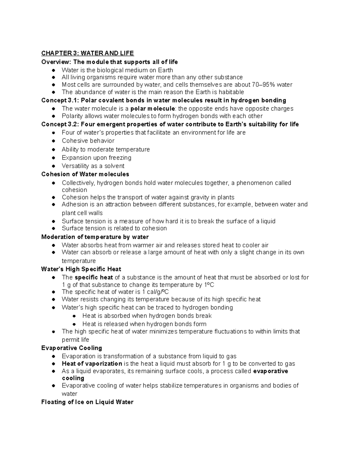 Chapter 2-4 Notes - Professor Kapoor - CHAPTER 3: WATER AND LIFE ...
