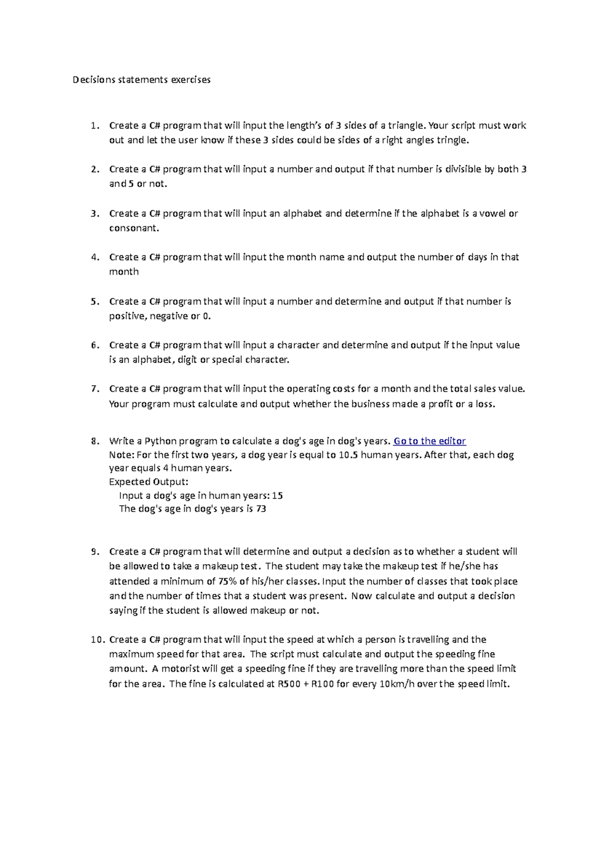 Decisions statements extra exercises C# - Decisions statements ...