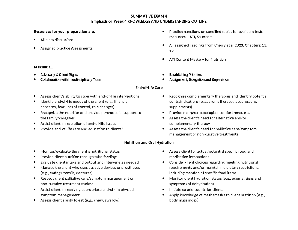 Summative Exam 4 Prep Guide - SUMMATIVE EXAM 4 Emphasis on Week 4 ...