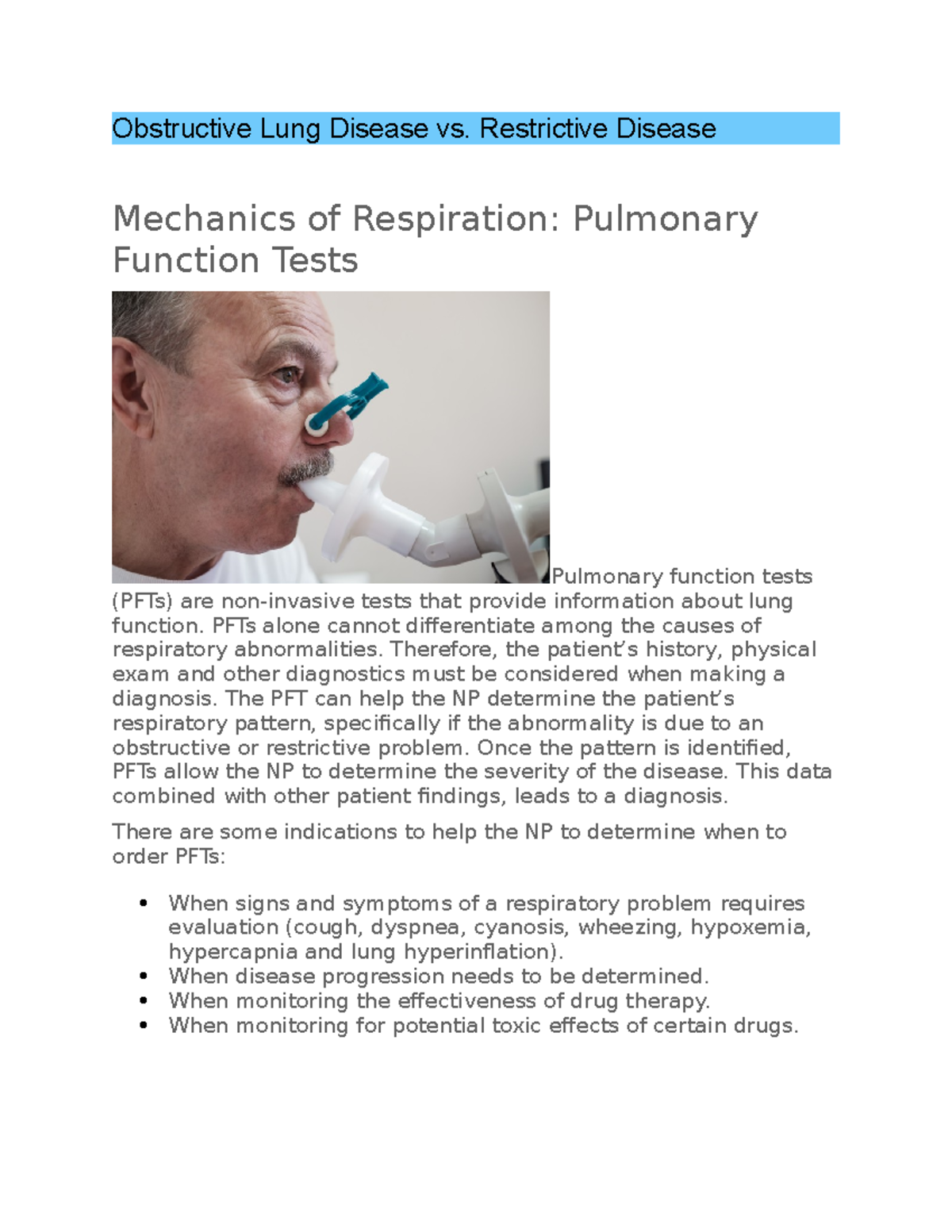 Obstructive vs. Restrictive Lung Disease Pulmonary Function Tests